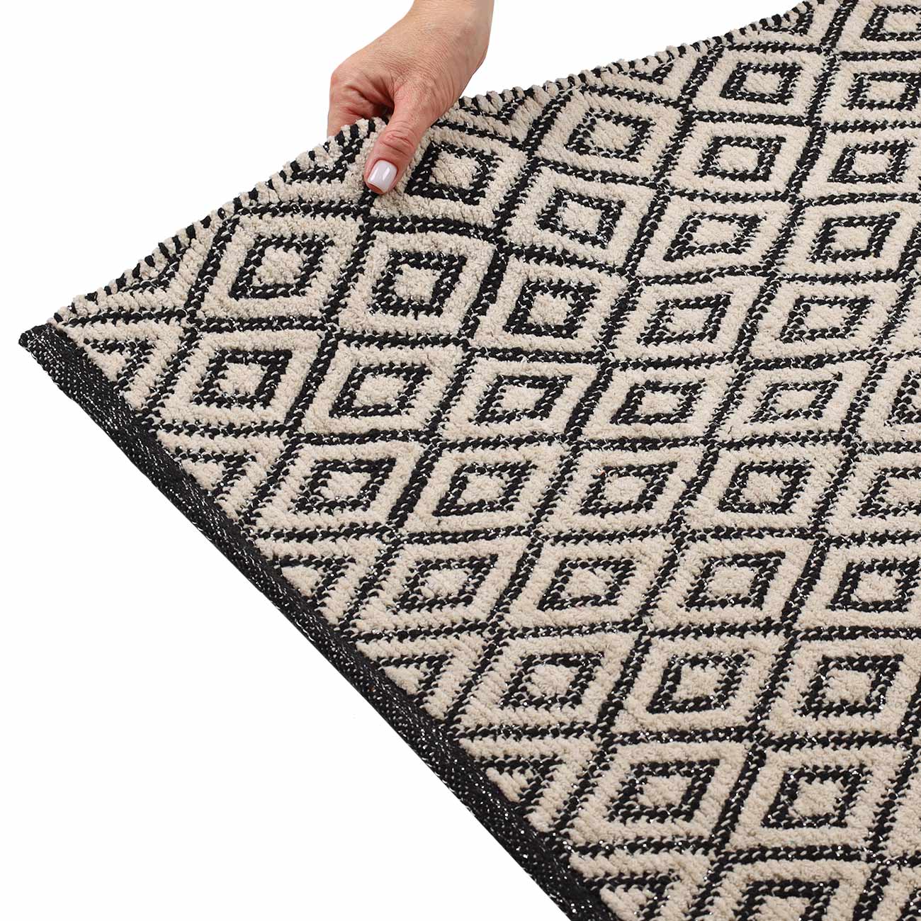Mat, 65x100 cm, cotton / lurex, beige-black, Lozenges with lurex, Shiny threads