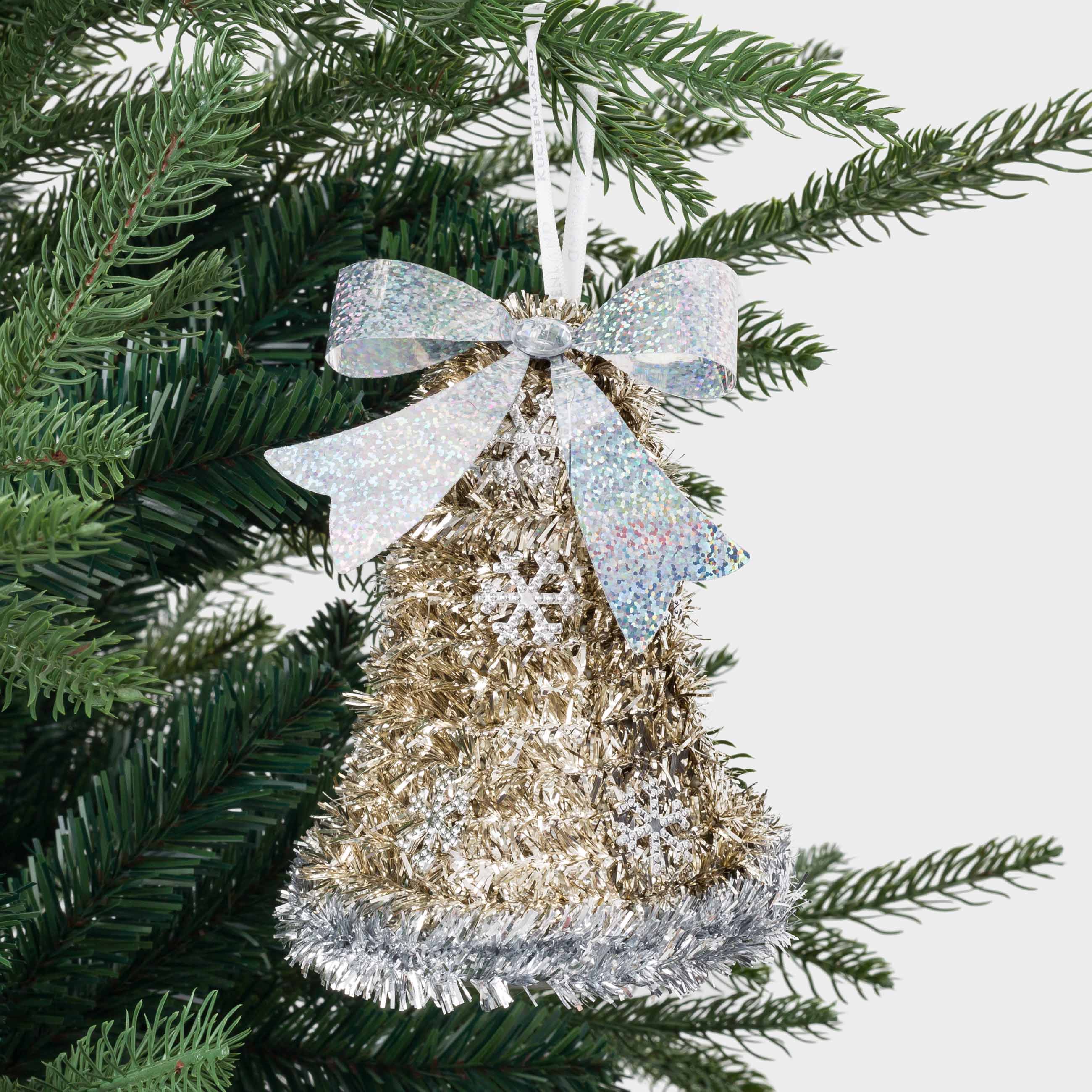 Christmas tree toy, 14 cm, tinsel/plastic, golden, Bell with bow, Tinsel christmas, image-2