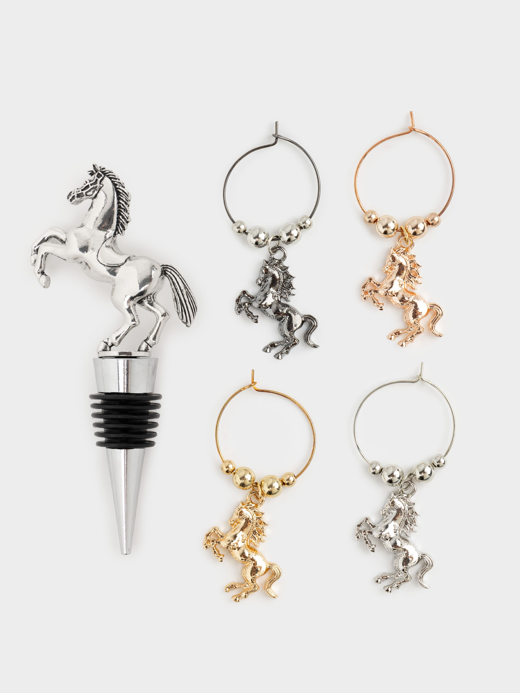 Bottle stopper with pendants, 5 items, metal / beads, Horse, Horse silver, image-0