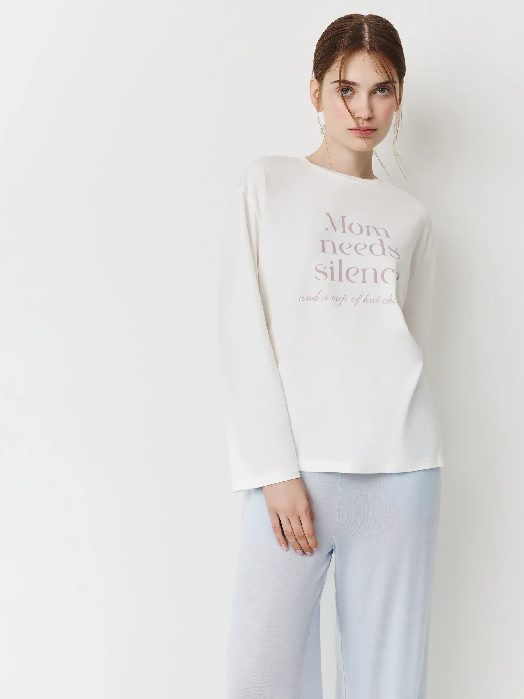 Women's long sleeve, homewear, size L, cotton / polyester / elastane, milky, Lettering, Ankina