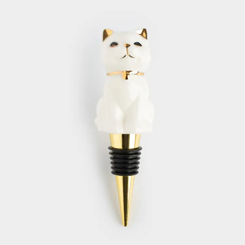 Bottle stopper, 13 cm, steel / porcelain P, white and gold, Cat, Cat ,image-0