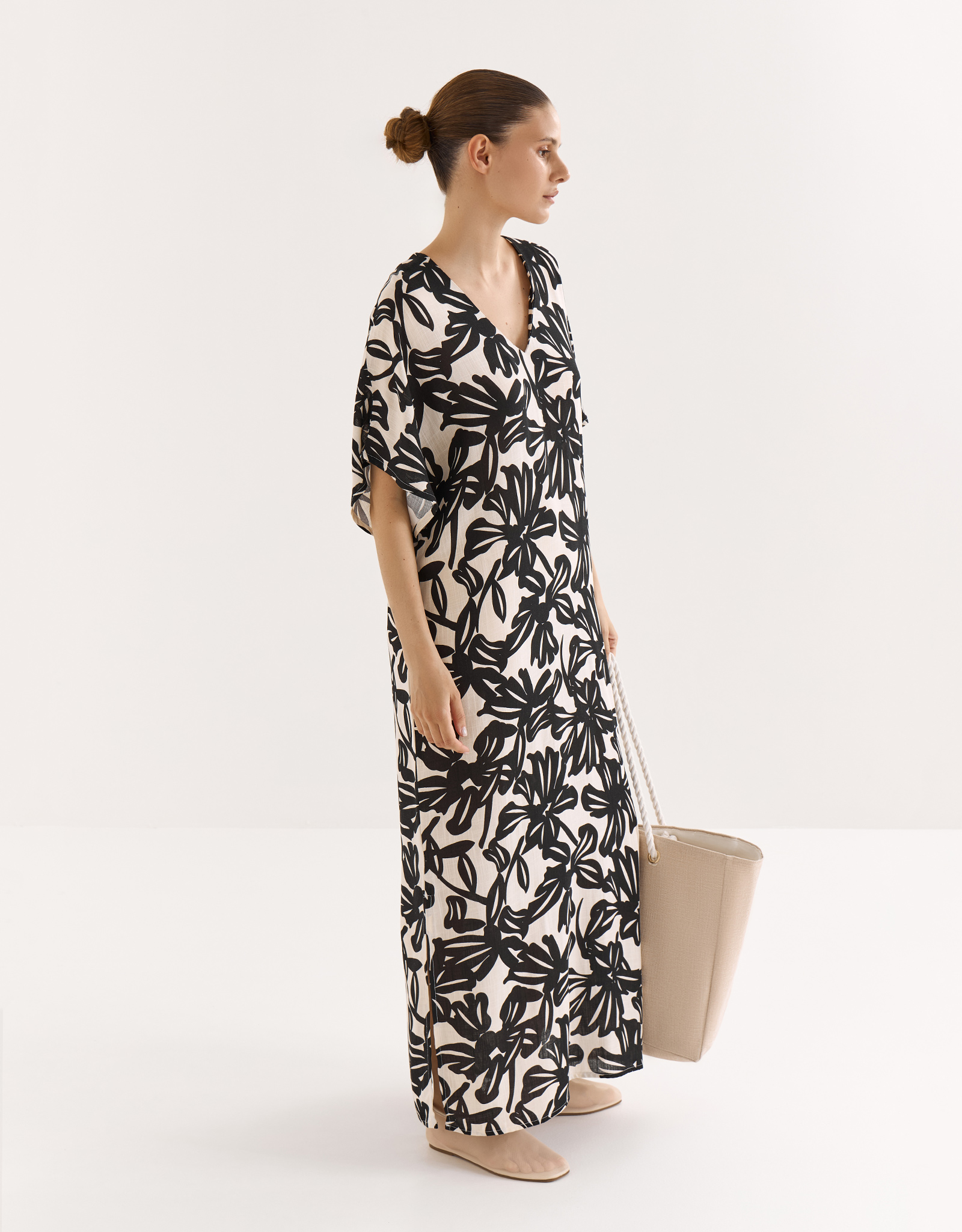 Women's dress, maxi, size L, with short sleeves, viscose, beige-black, Flowers, Almi, image-4