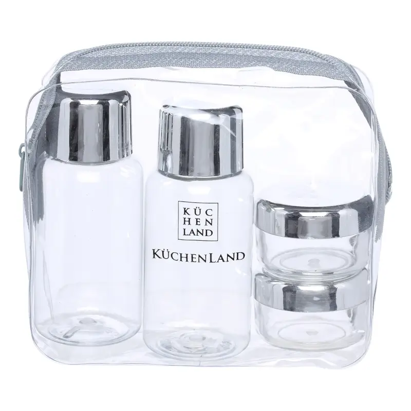 Travel Bottle/Jar set, 4 pcs, in cosmetic bag, Plastic, Silver, Basic ,image-0
