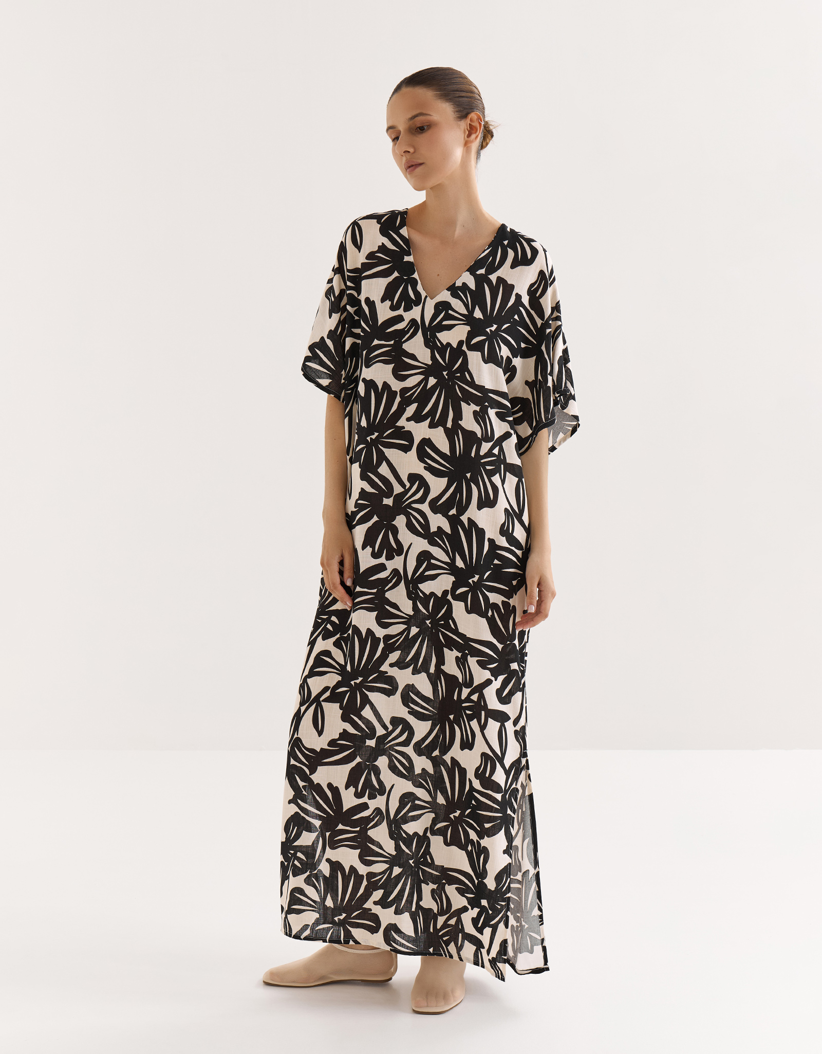 Women's dress, maxi, size L, with short sleeves, viscose, beige-black, Flowers, Almi, image-0