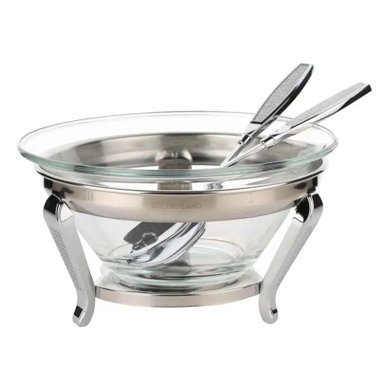 Salad bowl, 30x13 cm, 3 pr, with spoon / fork, on a stand, glass / metal, Winter antarctica