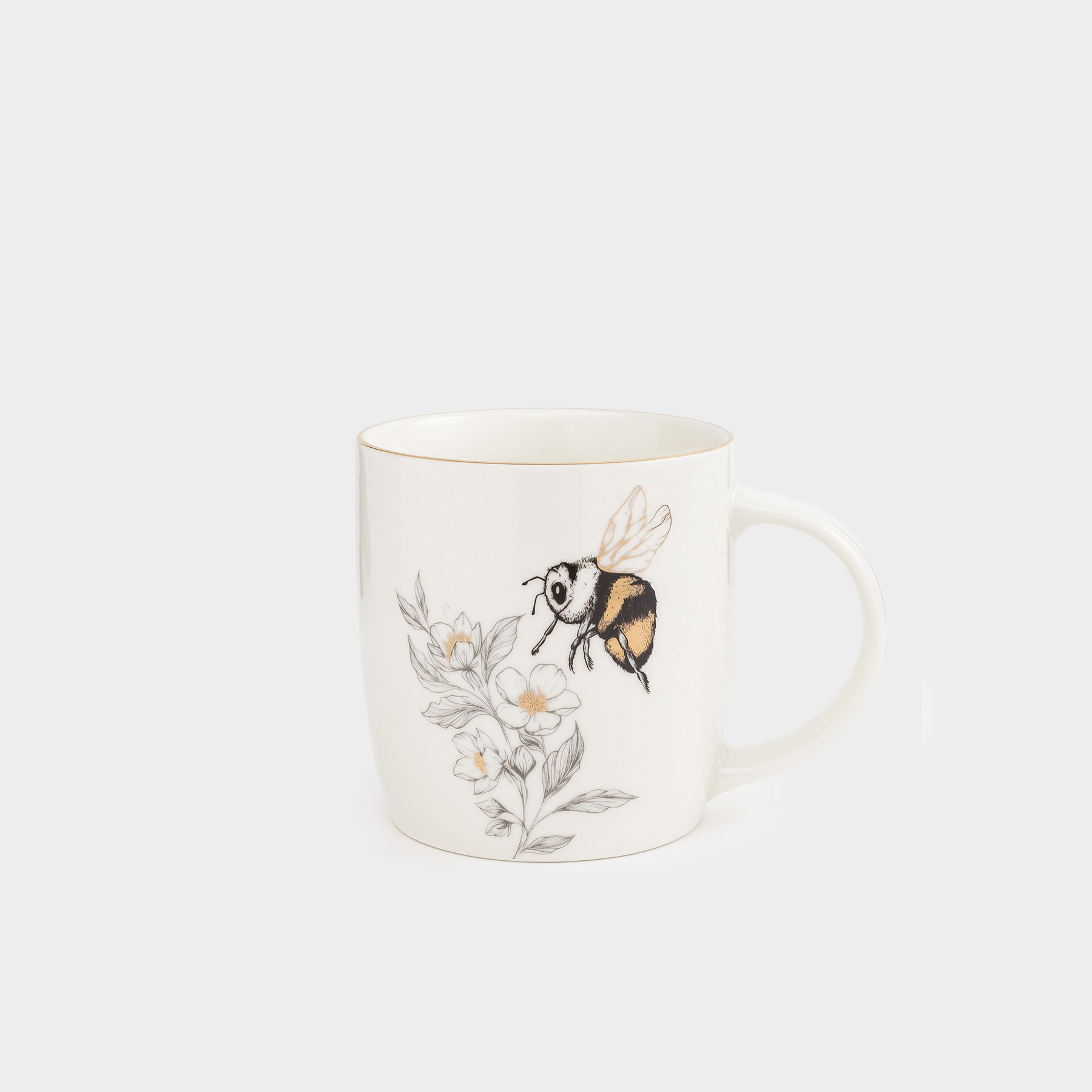 Mug, 380 ml, porcelain N, white, with golden edging, Bumblebee with flower, Bugs