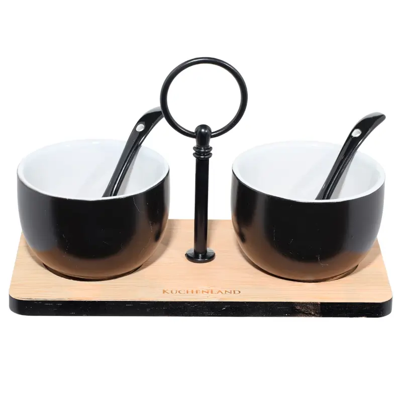 Jam/sugar bowl, 120 ml, 2 pcs, with spoon/stand, ceramic / bamboo, black, Loft ,image-0