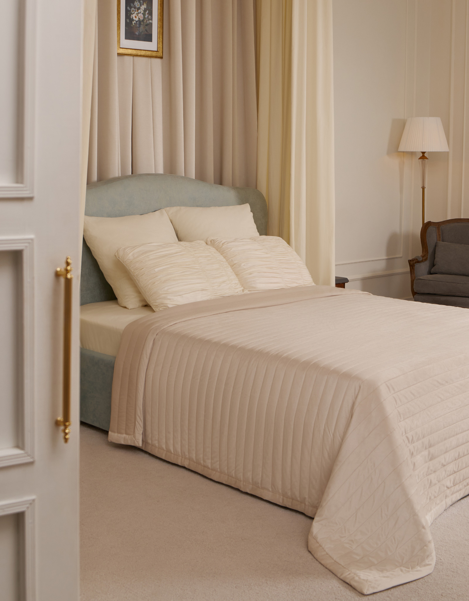 Bedspread, 220x240 cm, quilted, velvet/microfiber, beige, Stripes, Stitch velvet