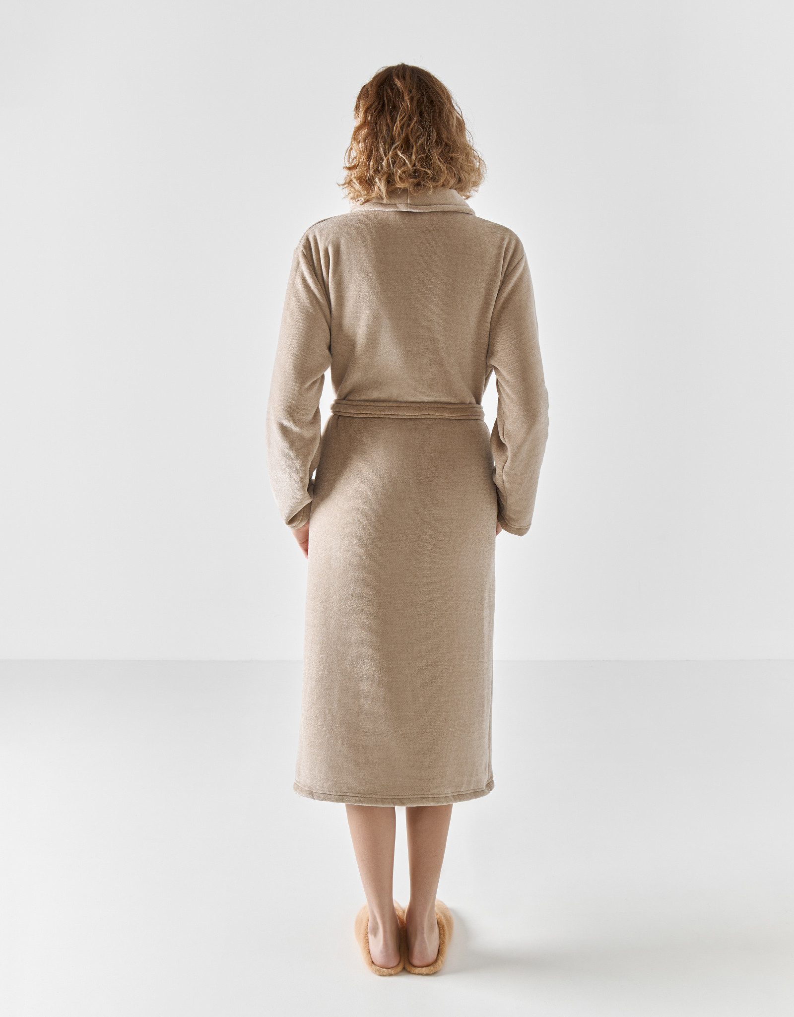 Women's robe, homewear, size L / XL, with long sleeves, chenille / faux fur, beige, Jesse, image-4