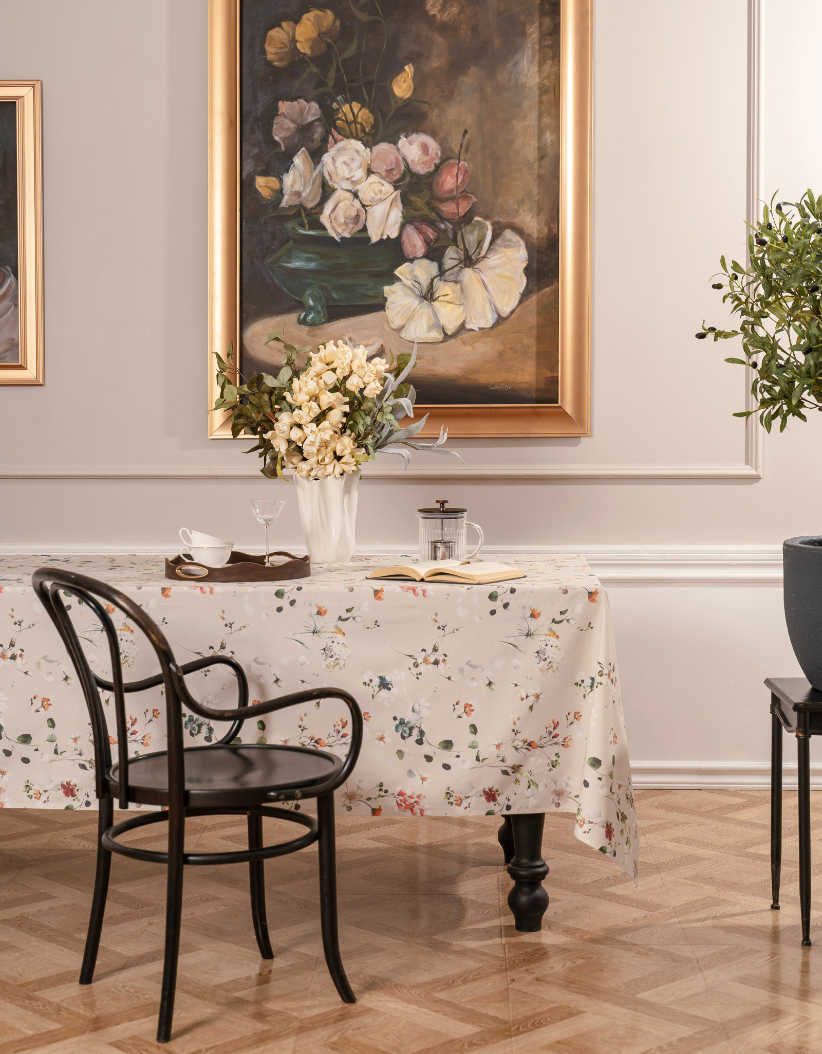 Tablecloth, 160x160 cm, cotton, milky, Flowers, Wildflowers, image-1