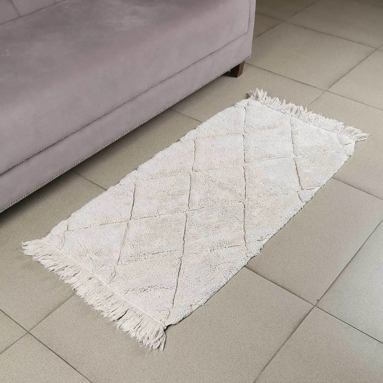 Rug, 60x120 cm, fringed, cotton, beige, Rhombuses, Neutral, image-0
