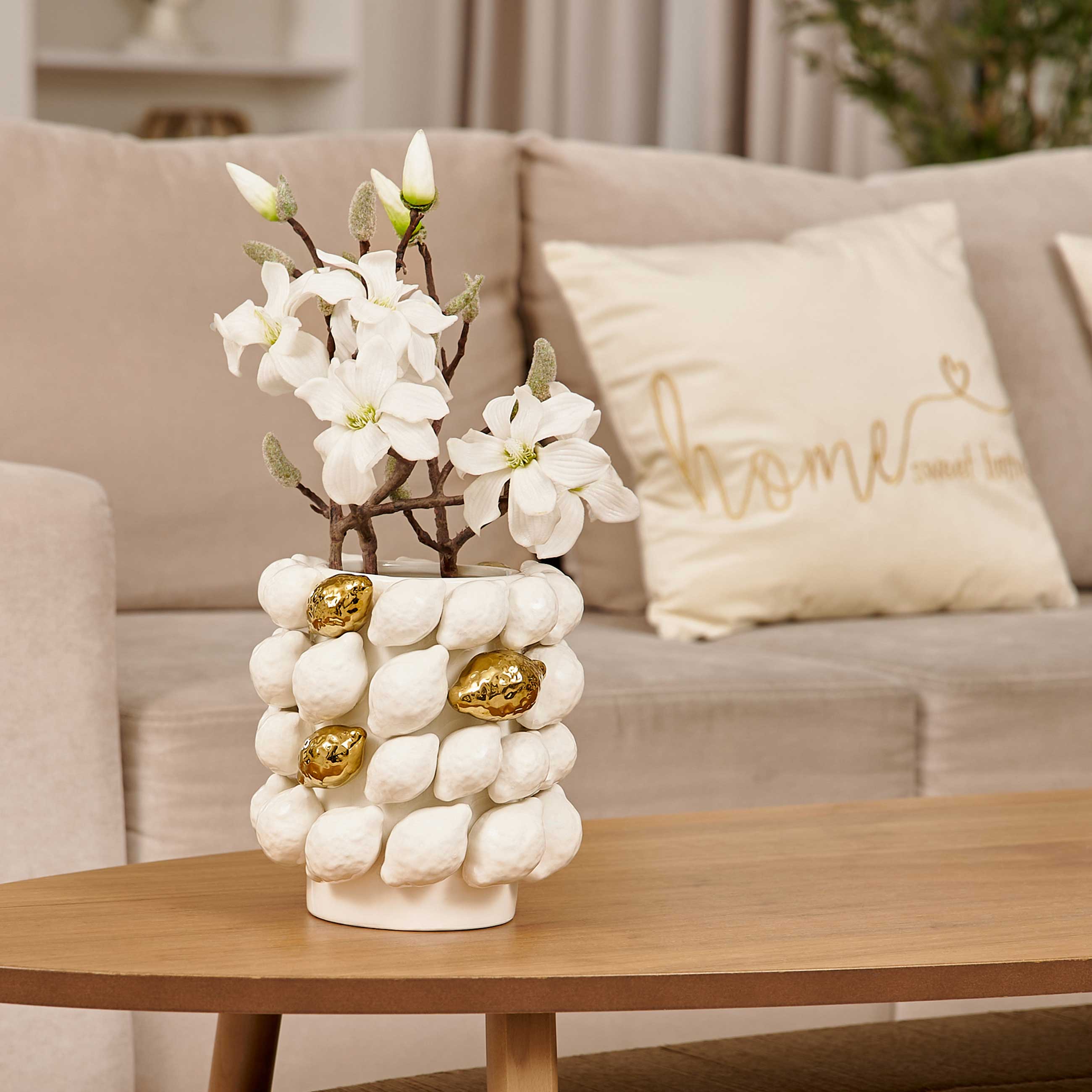 Flower vase, 21 cm, decorative, ceramic, milky gold, Lemons, Sicily, image-5