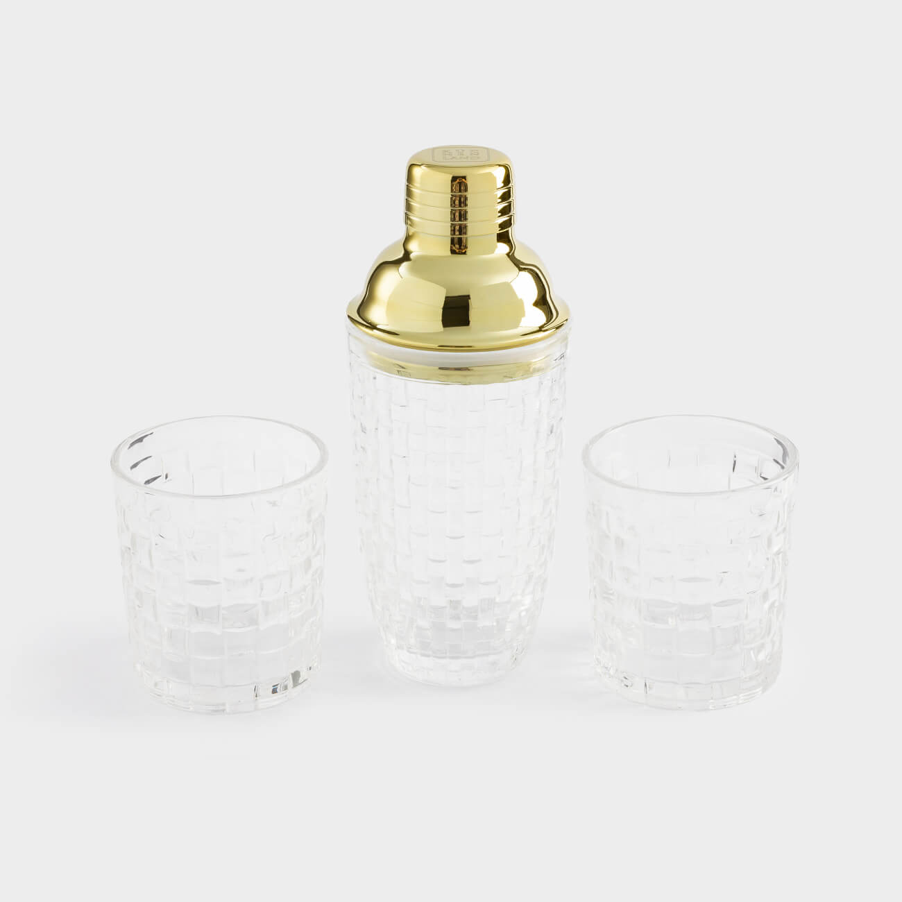 Drink set, 2 persons, 3 items, shaker / glasses, glass R / steel, golden, Mosaic gold, image-0