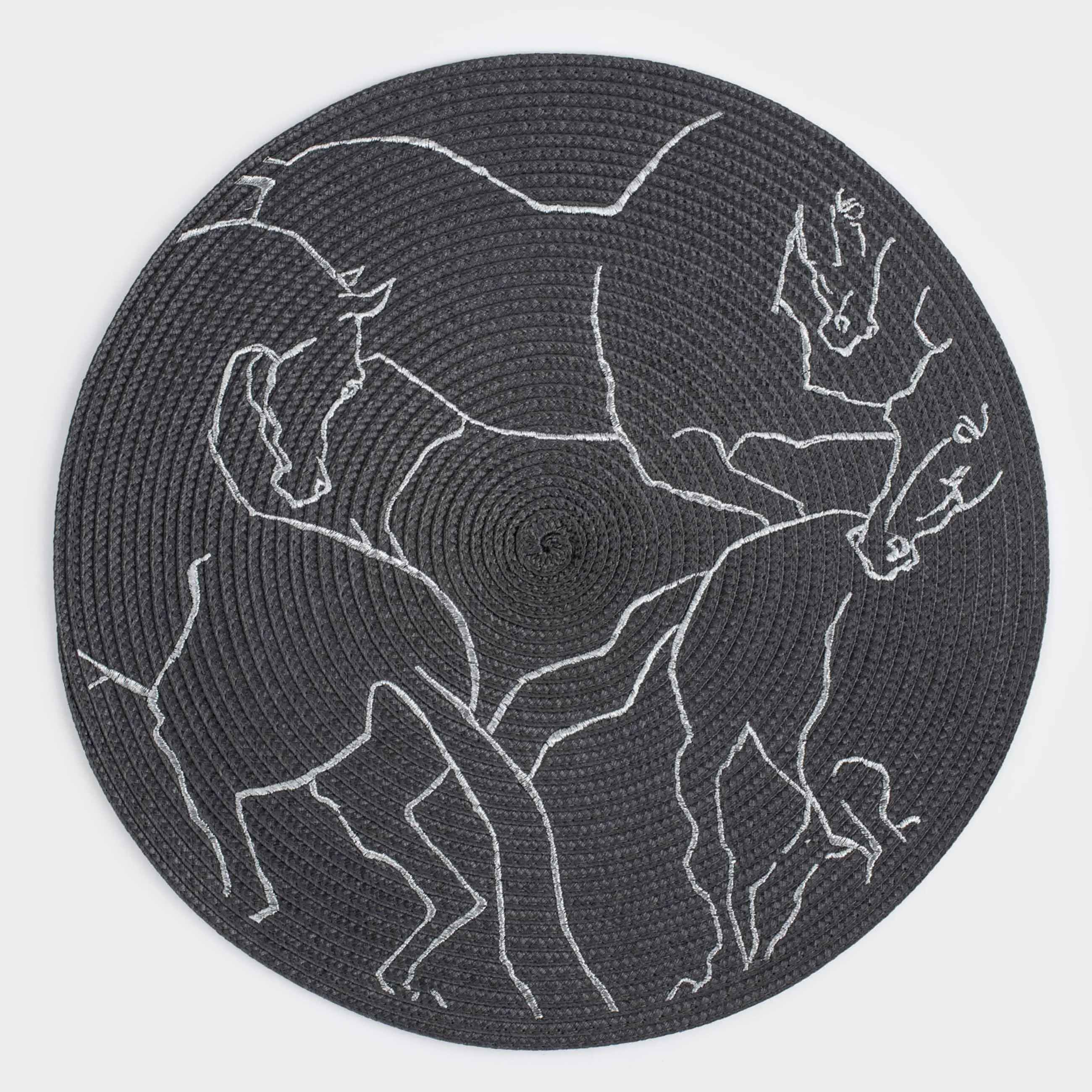 Placemat, 38 cm, polyester, round, dark grey, Horses, Circle embroidery