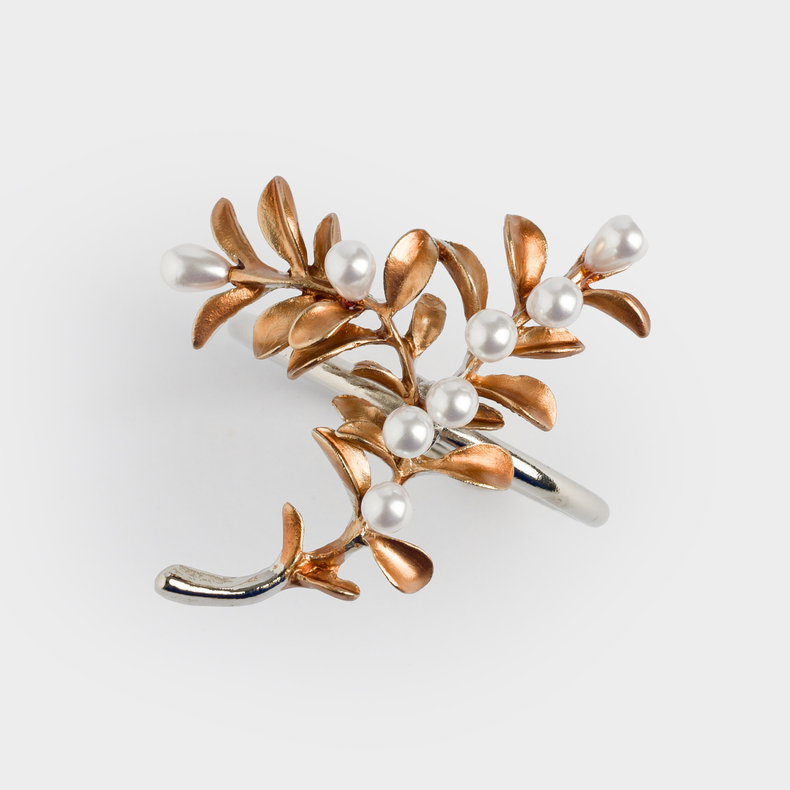 Napkin ring, 6 cm, metal / plastic, silver-gold, Leaves and beads, Pearl