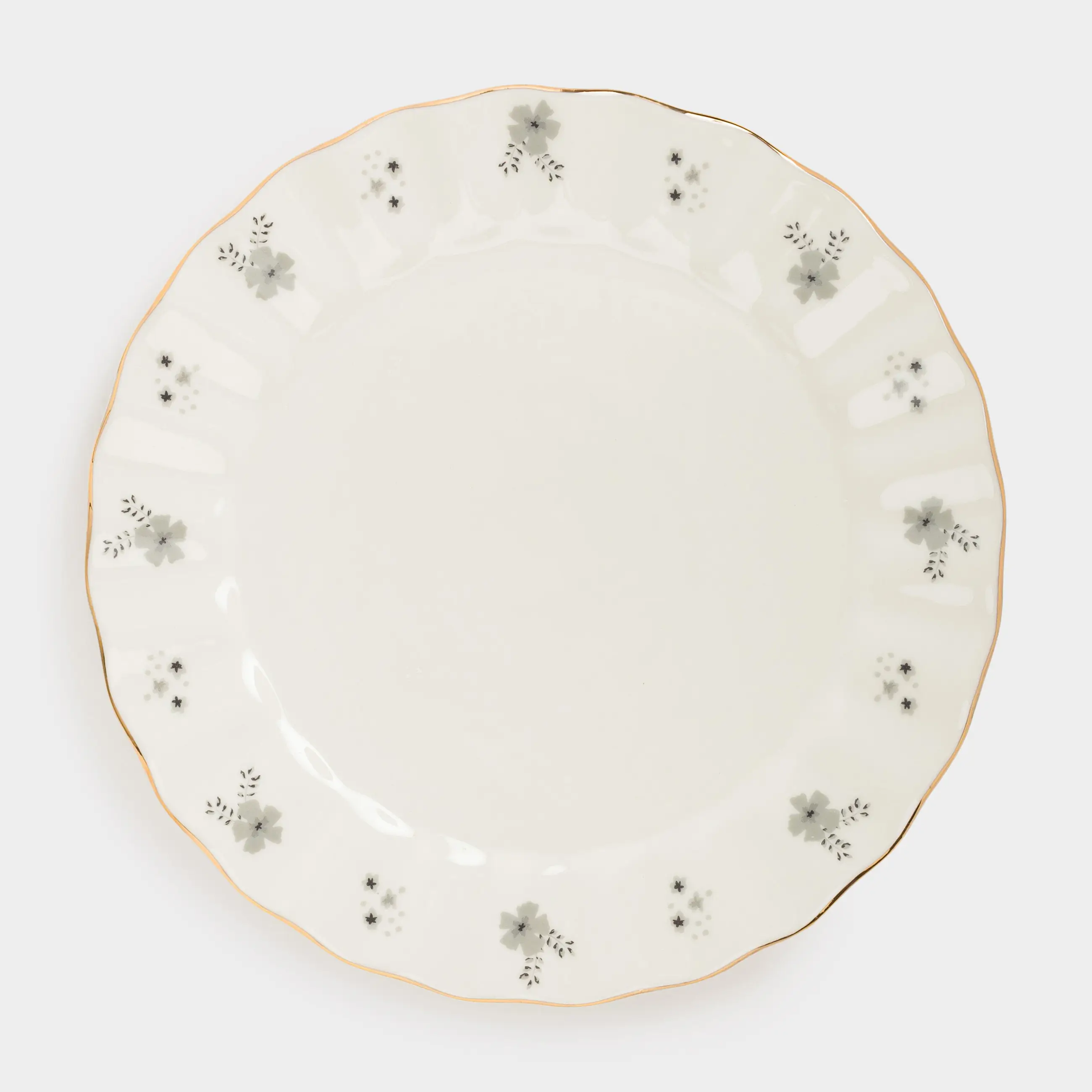 Dessert plate, 20 cm, porcelain P, milky, with golden edging, gray flowers, Florals, image-0