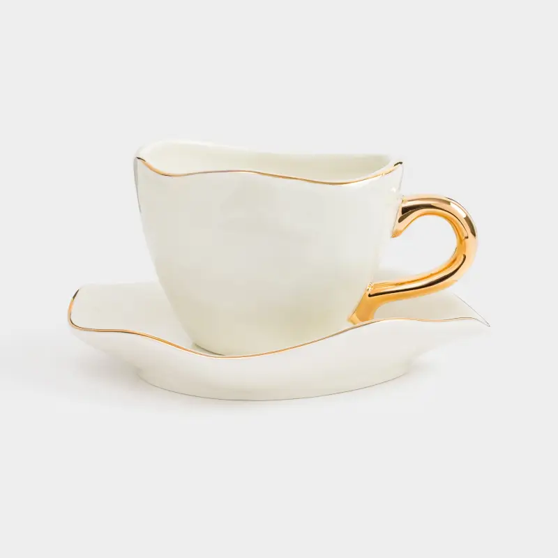 Tea pair, 1 person, 2 items, 280 ml, porcelain P, with golden edging, Wavy edge, Wavy gold ,image-0