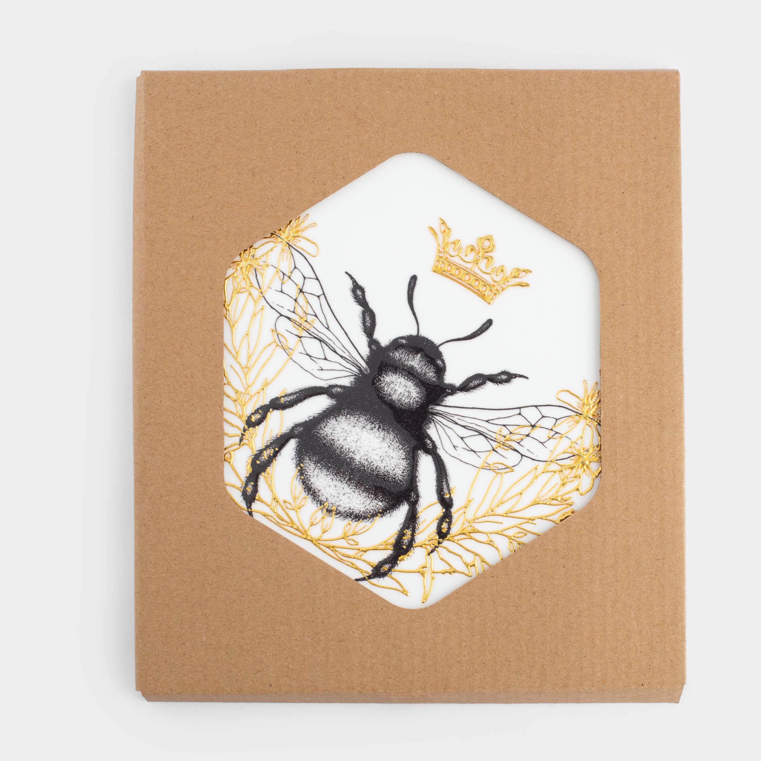 Hot plate, 20 cm, ceramic / cork, hexagonal, white, Royal bee, Honey