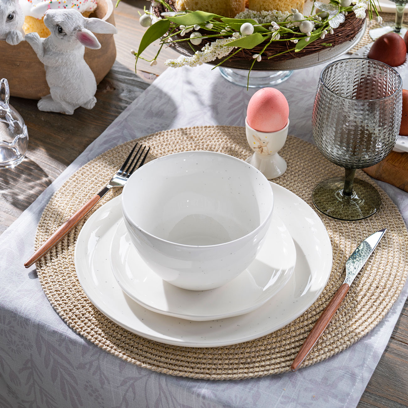 Dining set, 6 pers, 18 pr, porcelain N, milk, Dots, Boho