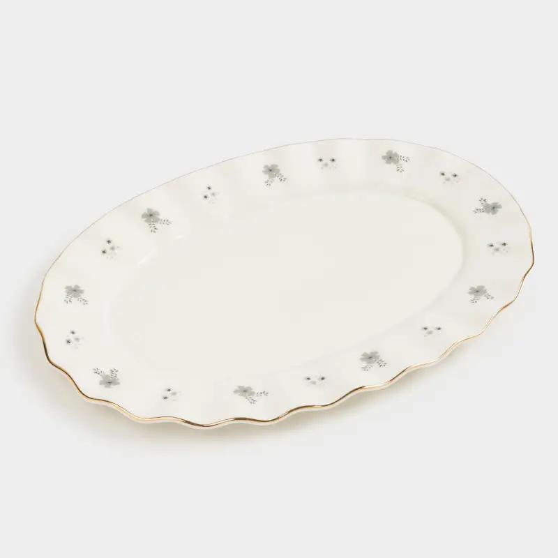 Dish, 26x18 cm, porcelain P, oval, milkyy, with golden edging, Grey flowers, Florals ,image-0