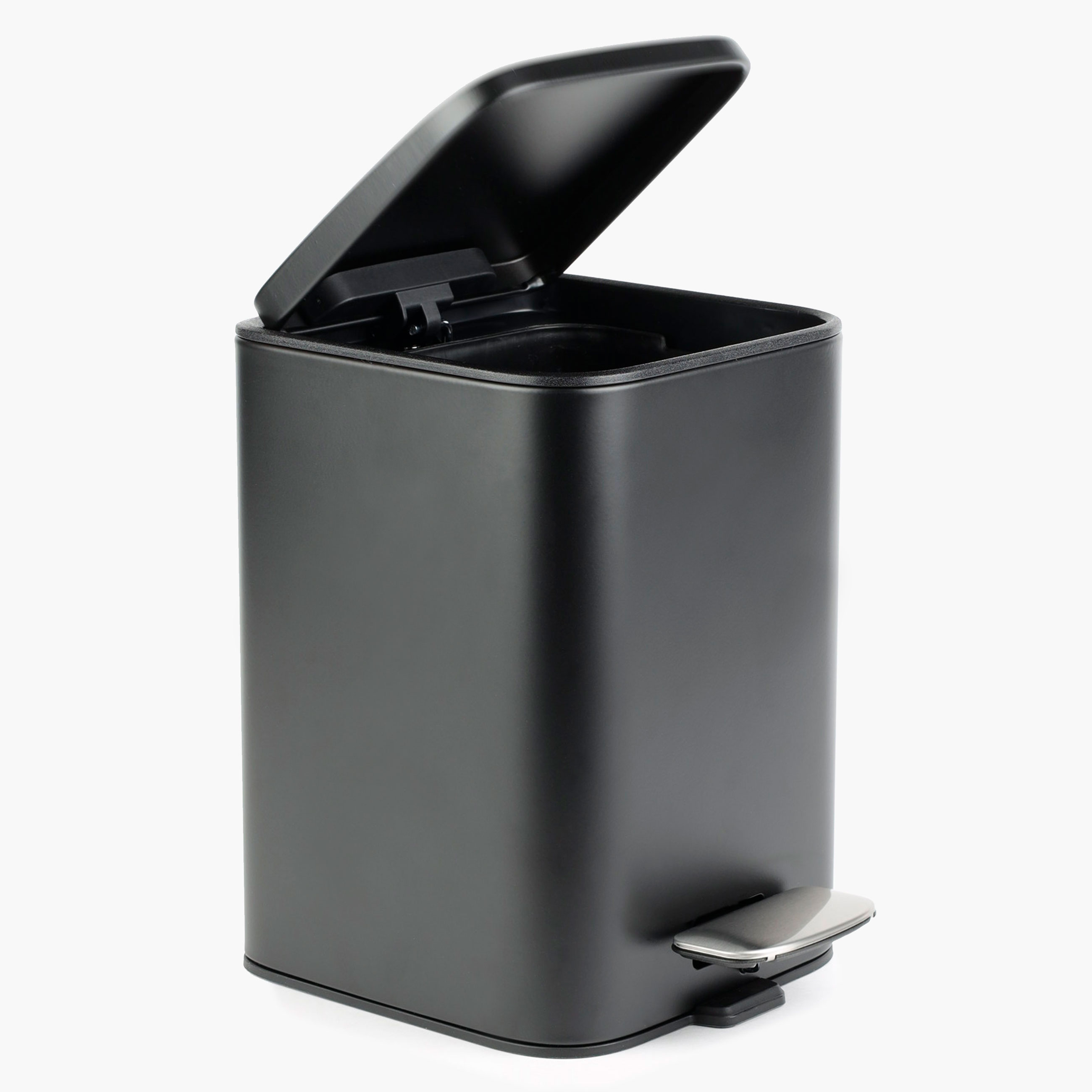 Trash can, 3 l, with pedal, metal, square, black, Total black