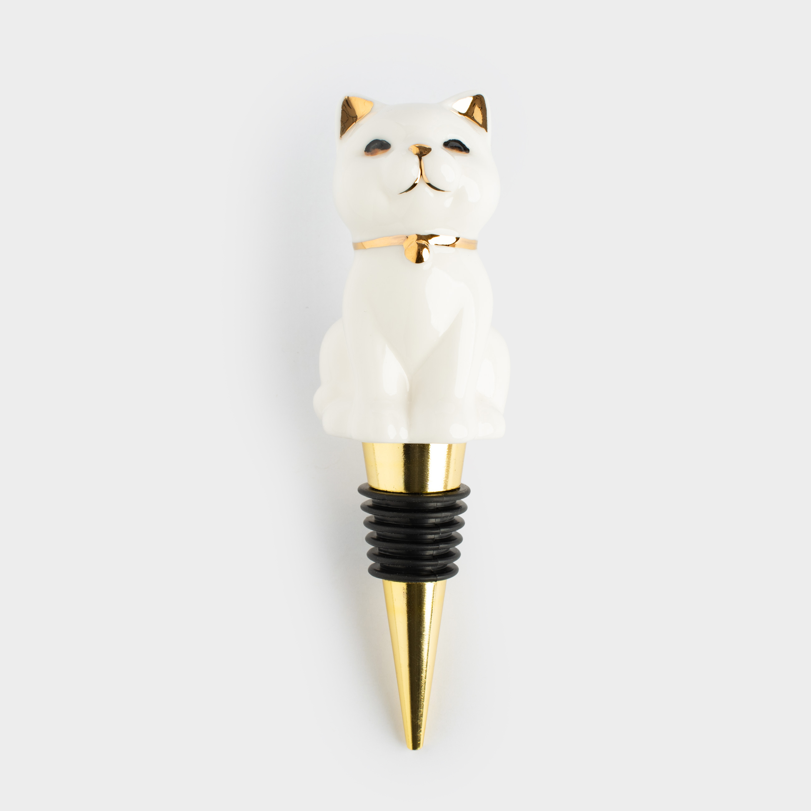 Bottle stopper, 13 cm, steel / porcelain P, white and gold, Cat, Cat, image-0