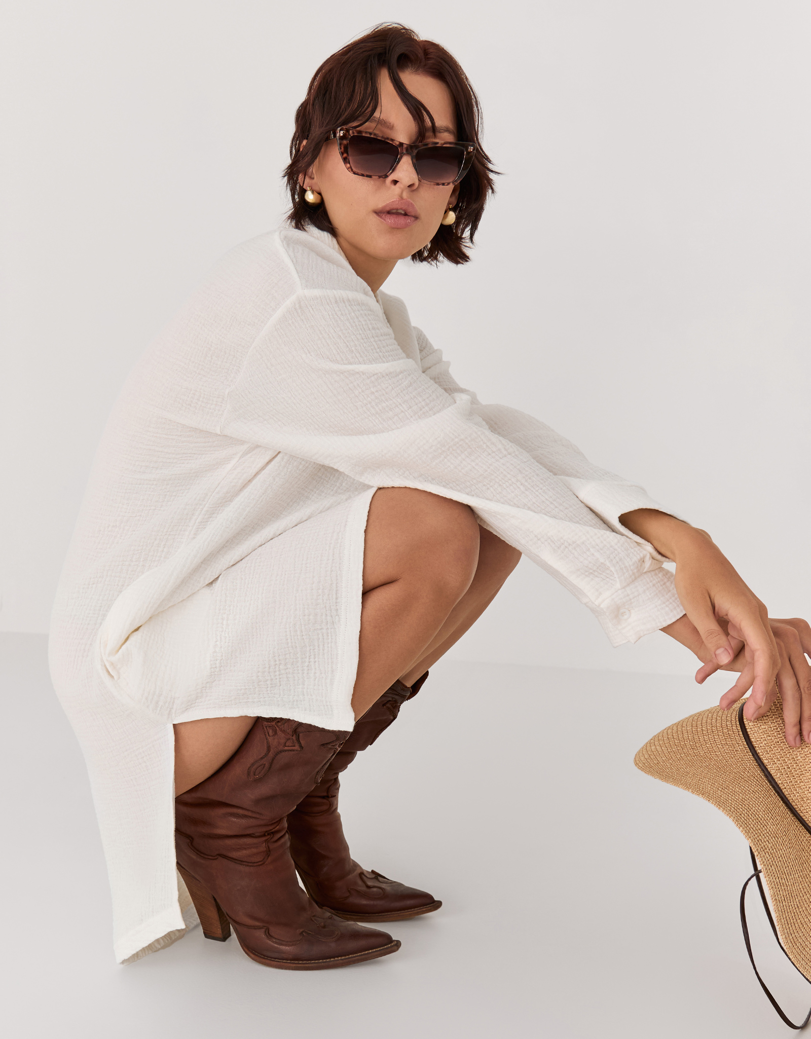 Women's shirt dress, mini, size L, with long sleeves, muslin, milky, Allison, image-5