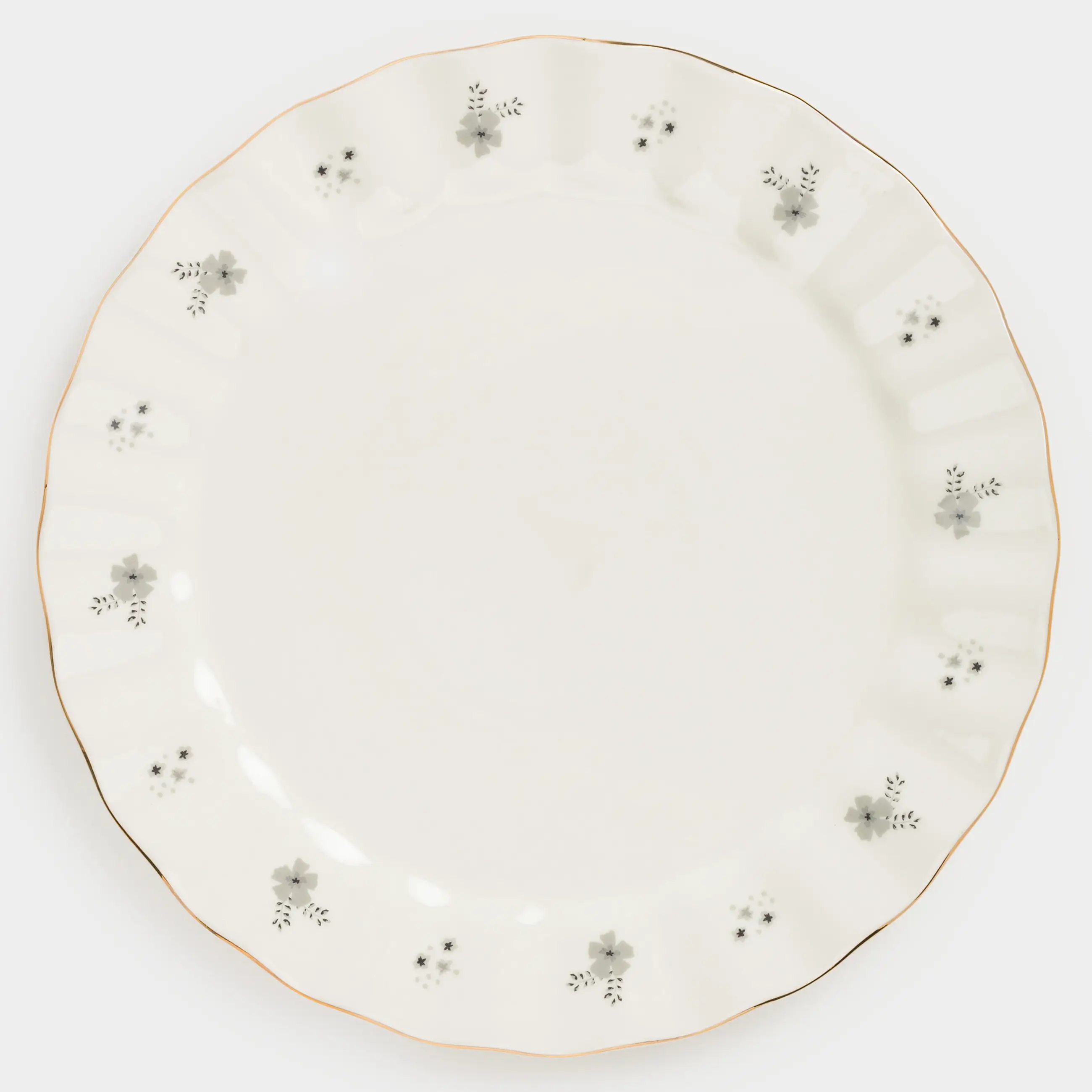 Dinner plate, 27 cm, porcelain P, milky, with golden edging, Grey flowers, Florals, image-0