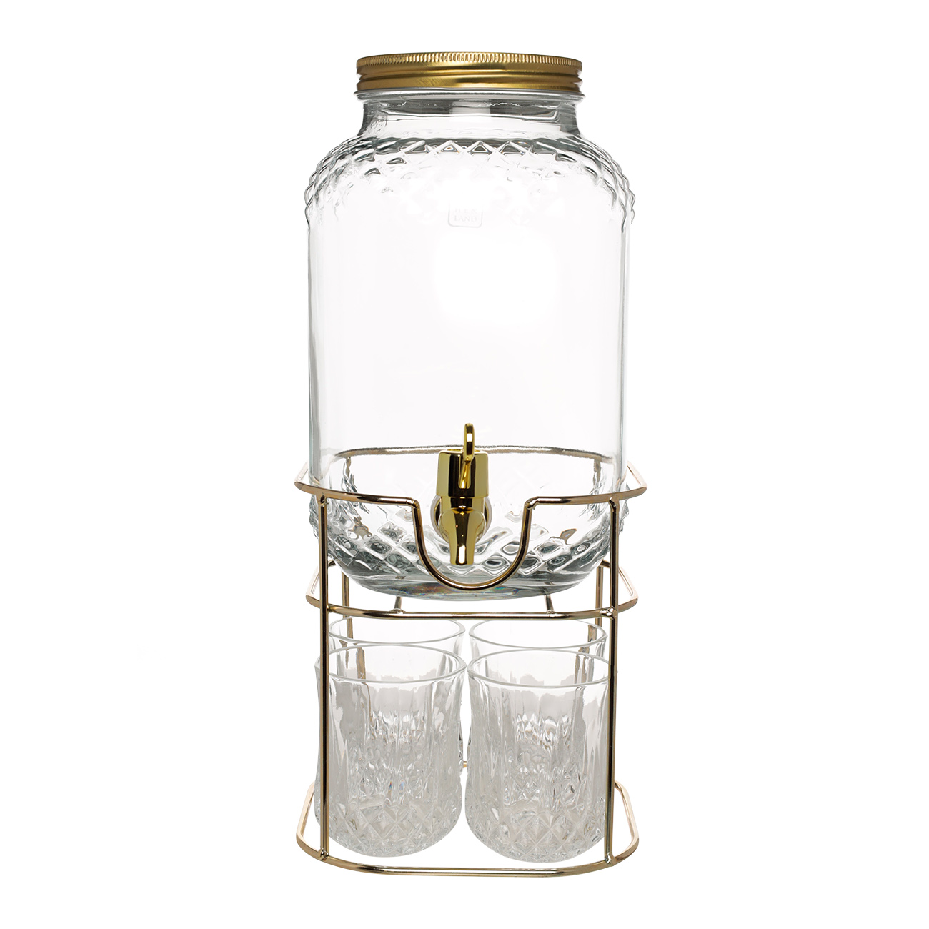 Set for drinks, 4 pers, 5 pr, dispenser on stand, gold, glass / metal, Regale, image-1