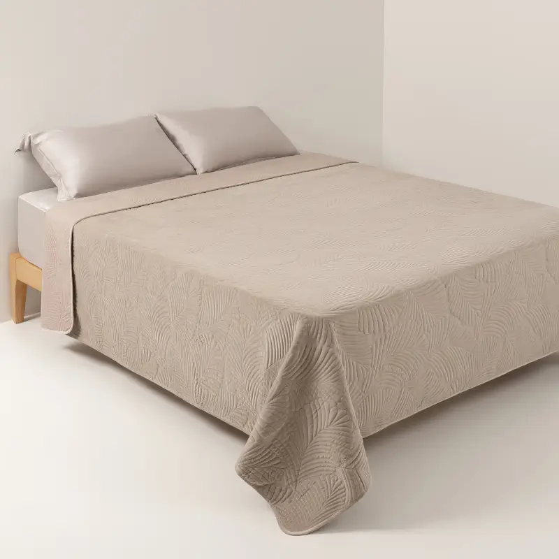 Bedspread, 240x260 cm, quilted, polyester, beige / gray, Palm leaf, Stitch velvet