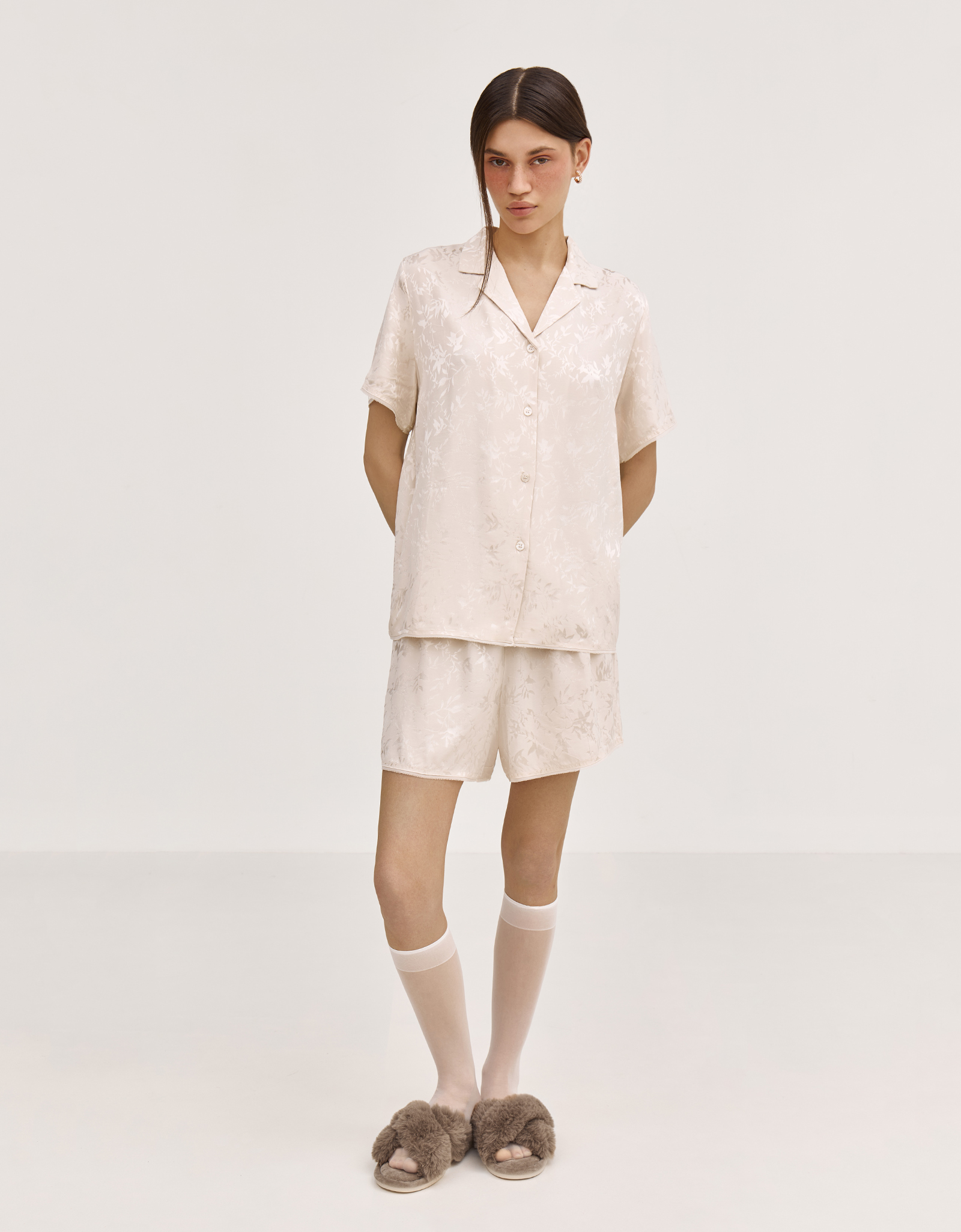 Women's shirt, homewear, size L, with short sleeves, viscose, milky, Flowers, Arisha, image-0