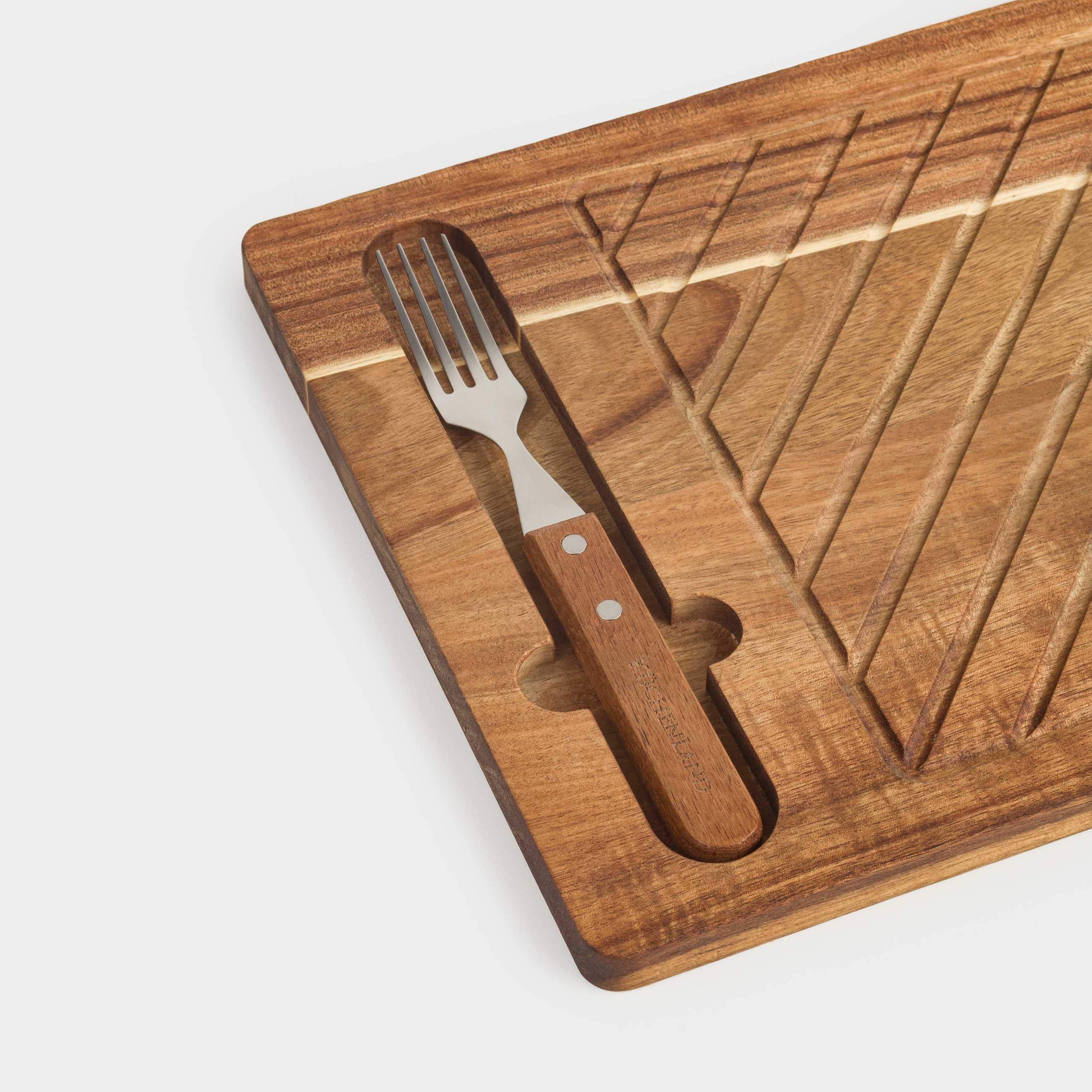 Steak serving set, 1 person, 3 items, wood / steel, BBQ