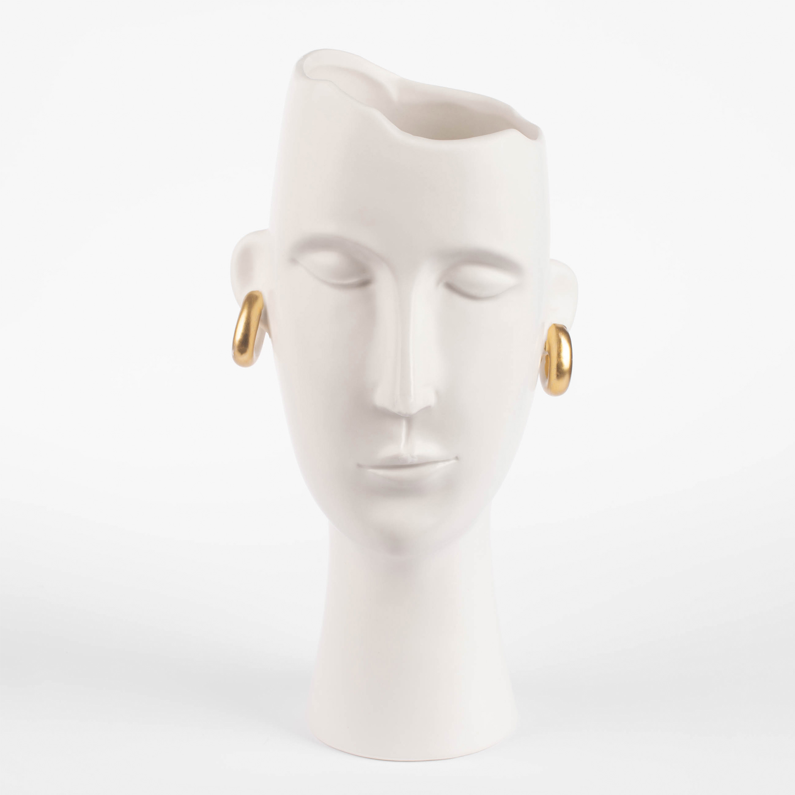 Flower vase, 34 cm, decorative, ceramic, white, Girl with golden earrings, Face, image-0