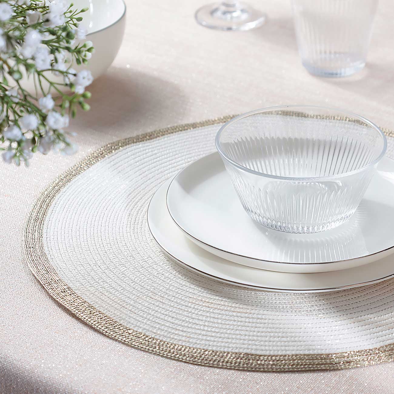 Instrument napkin, 38 cm, polyester, round, white, Gold border, Rotary rim, image-6