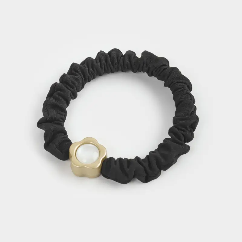 Elastic hair band, 8 cm, Satin/plastic, black, Flower, Silk ,image-0