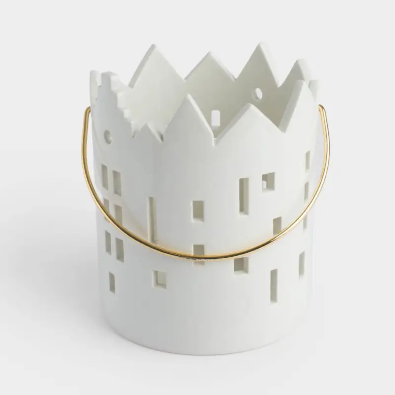 Candle holder, 15 cm, for tea candle, with handle, ceramic / metal, milky, House, Snow sparks