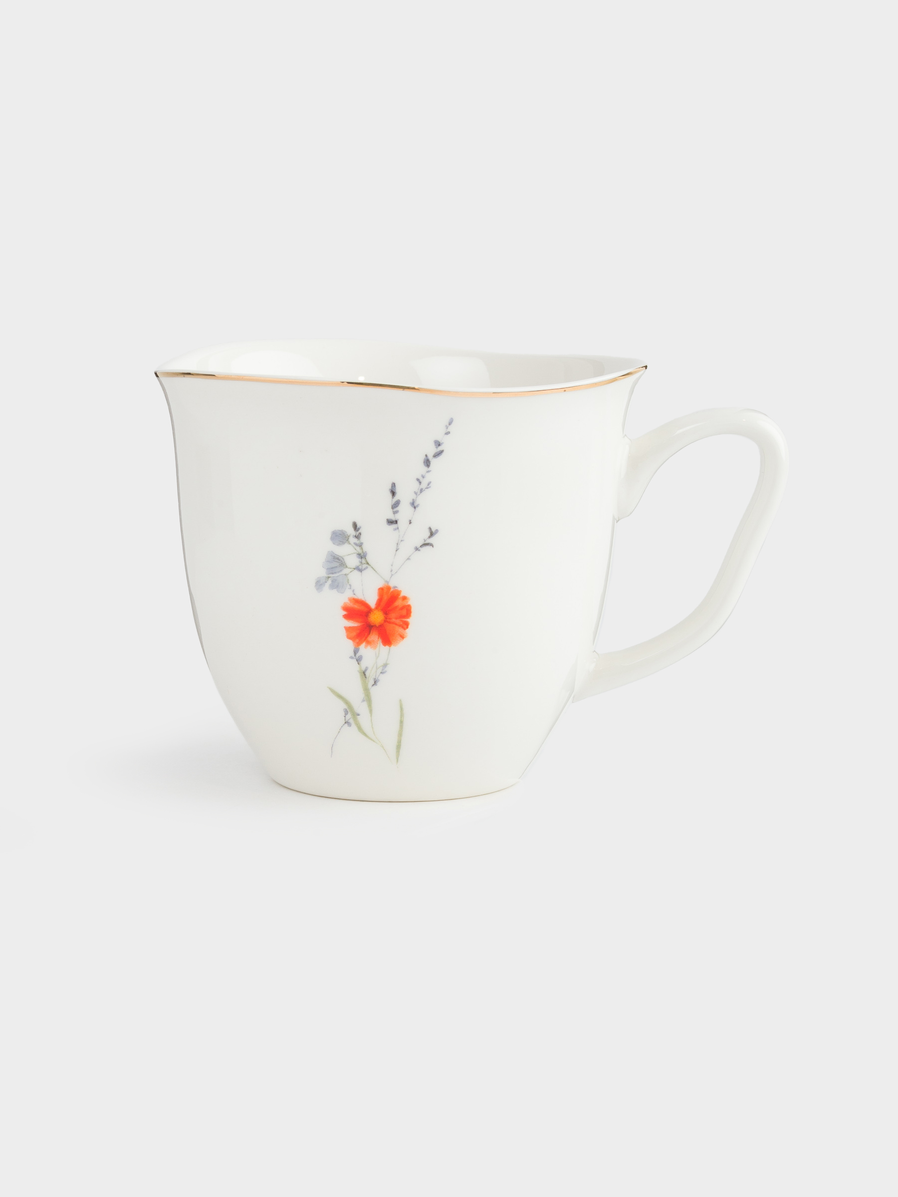Mug, 320 ml, porcelain N, white, with golden edging, wildflowers, Yarrow, image-0