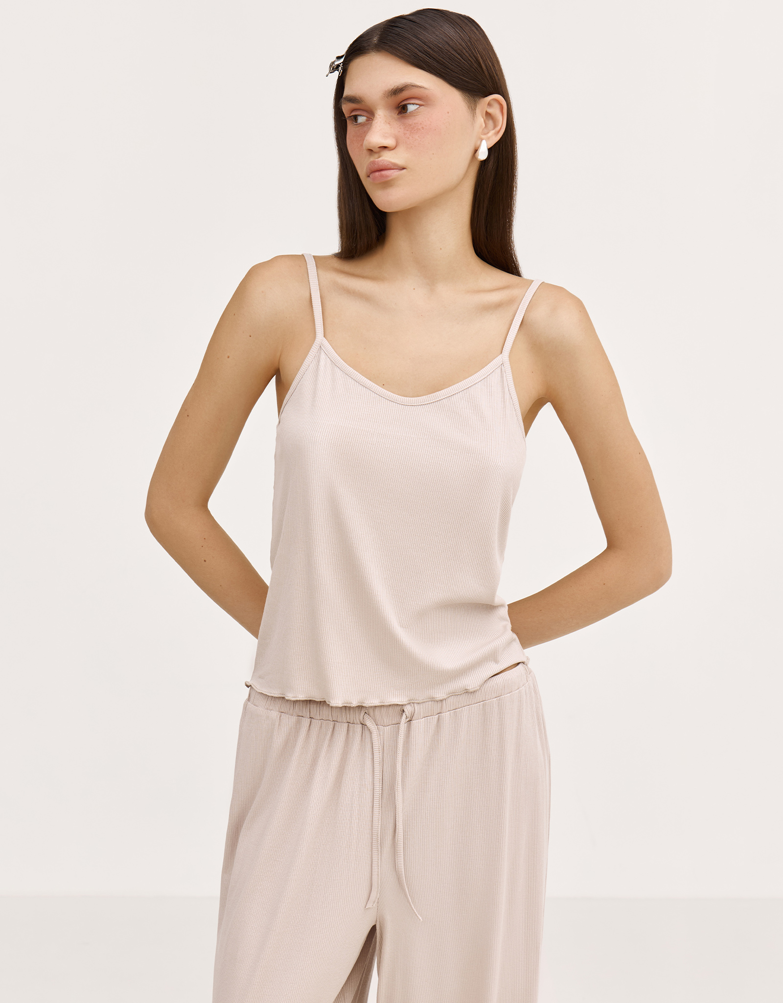 Women's top, homewear, size L, straps, modal / spandex, beige, Rosemary, image-0