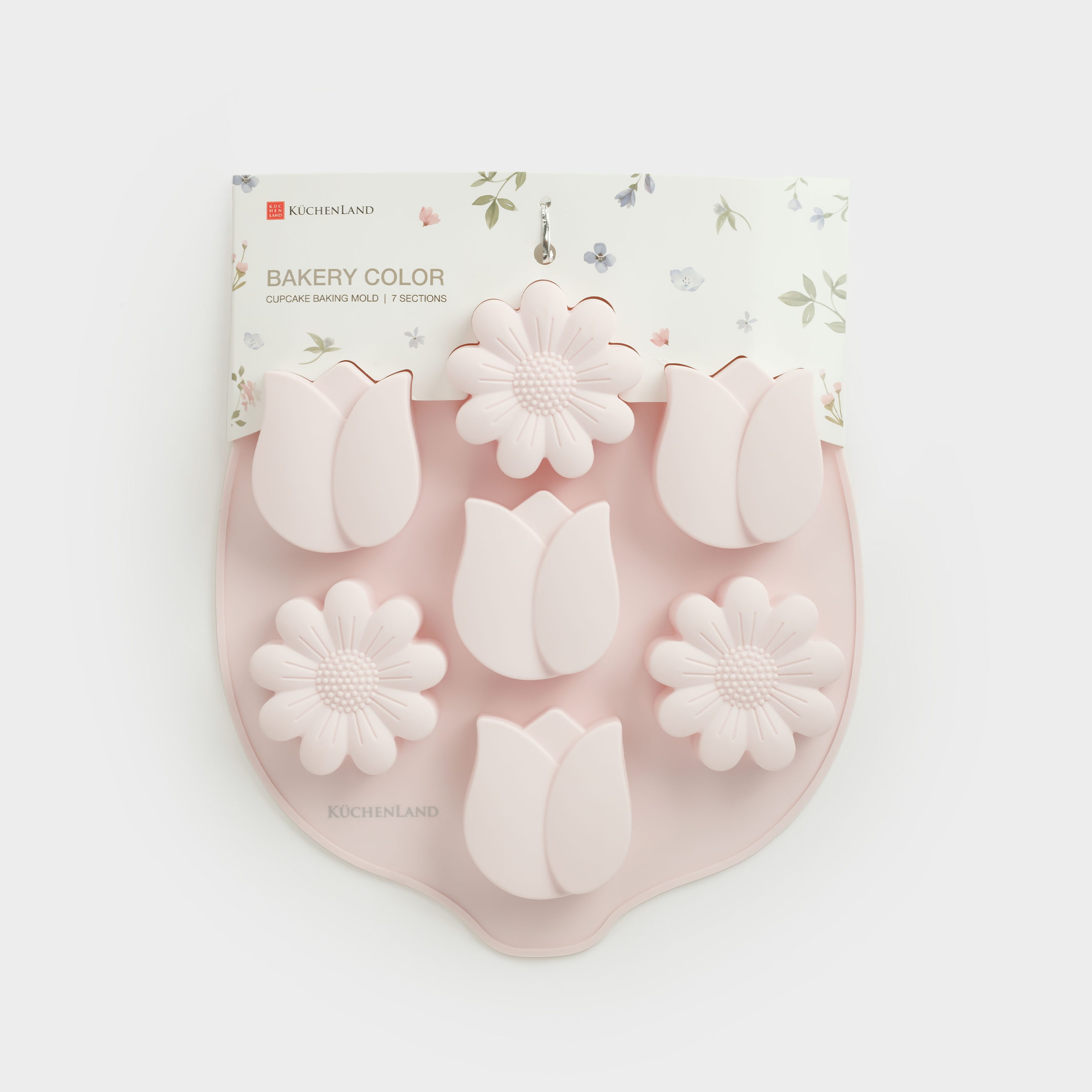 Cupcake baking dish, 26x23 cm, 7 compartments, silicone, pink, Spring flowers, Bakery color