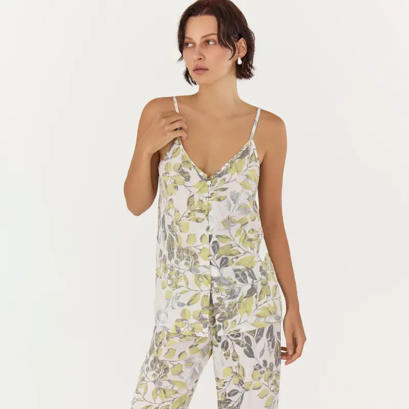 Women's top, homewear, size L, buttons, viscose, white and yellow, Leaves, Leksi ,image-0