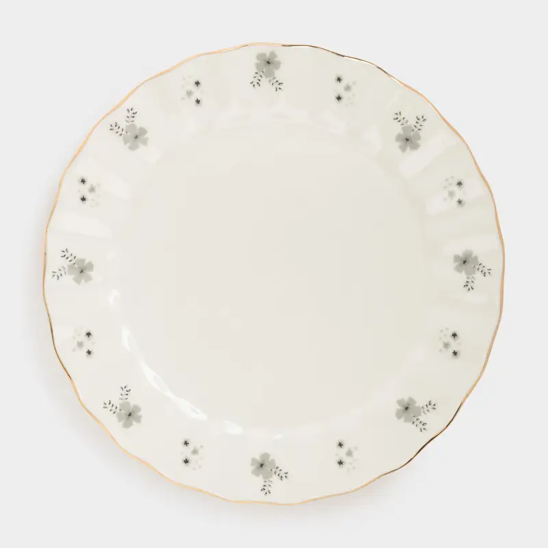 Dessert plate, 20 cm, porcelain P, milky, with golden edging, gray flowers, Florals ,image-0