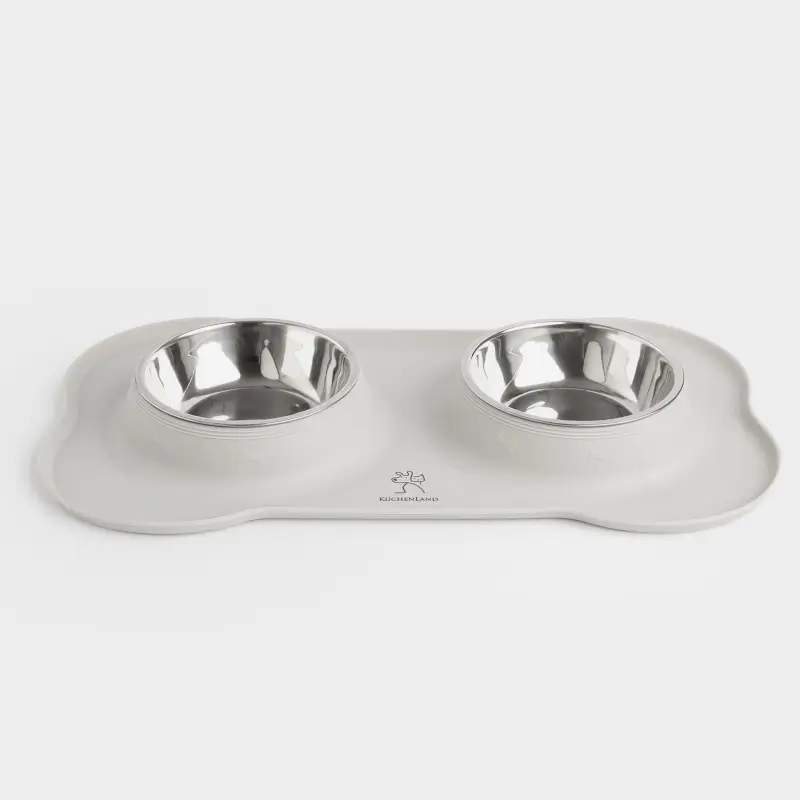 Pet bowl, 44x26 cm, 370 ml, double, on stand, steel / silicone, gray, Favorite pet ,image-0