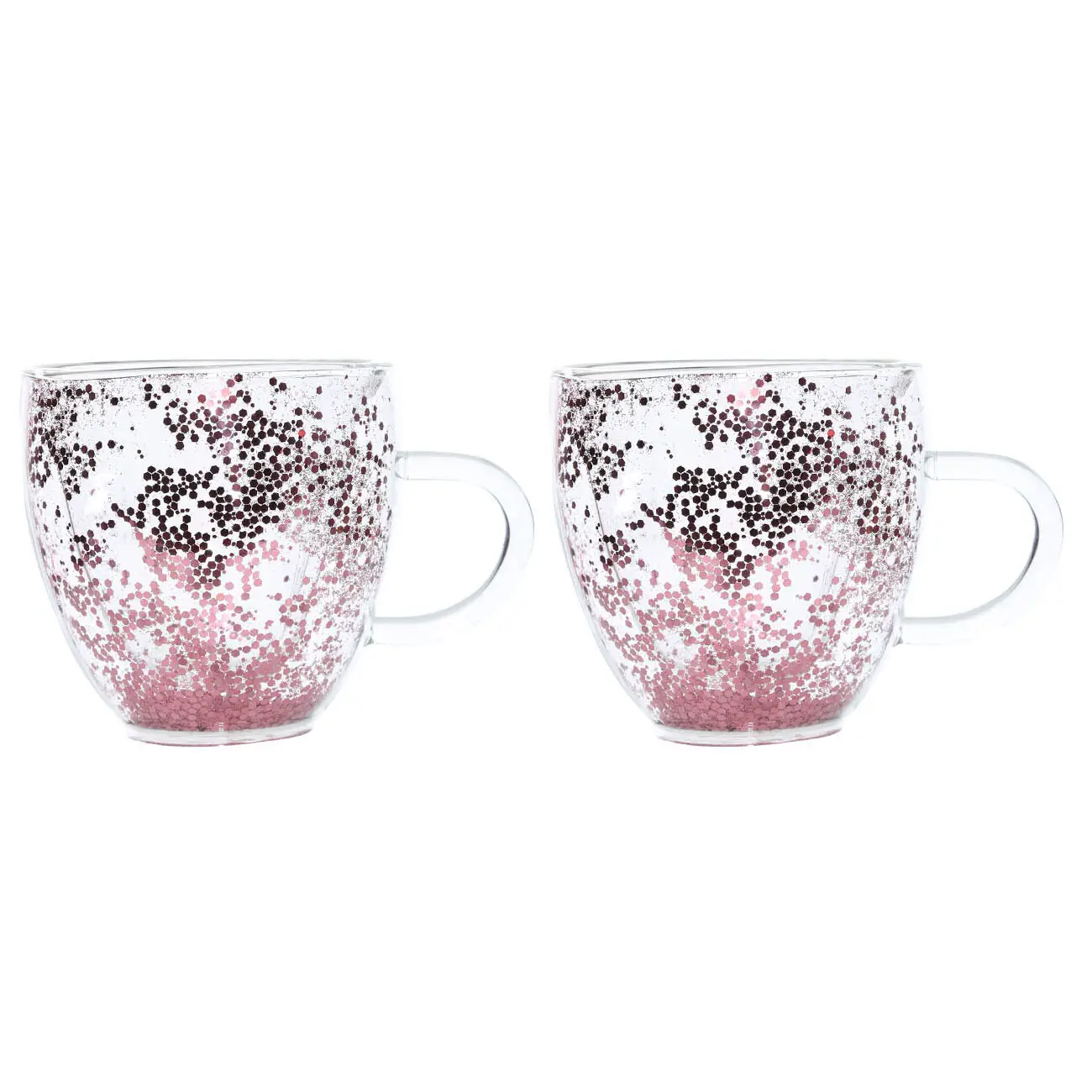 Mug, 250 ml, 2 pcs, glass B, with pink sequins, Heart, Air sparkly, image-0