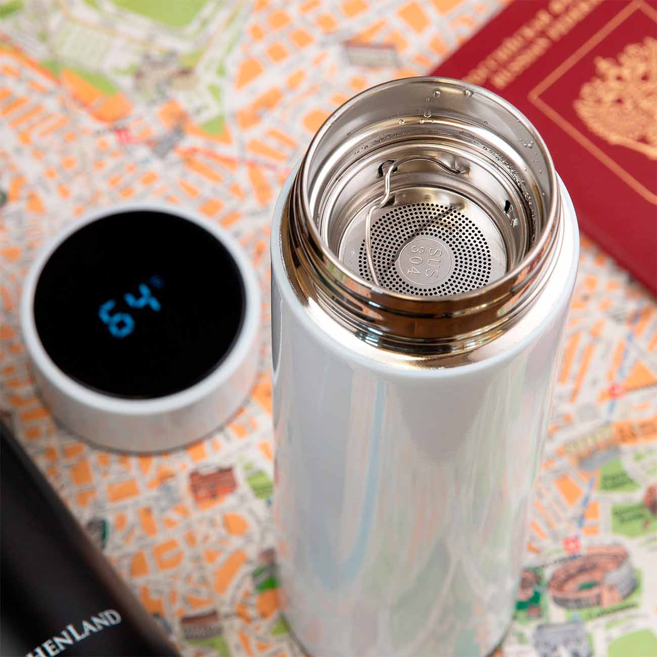 Thermos flask, 500 ml, with thermometer, steel / plastic, white, Celsius