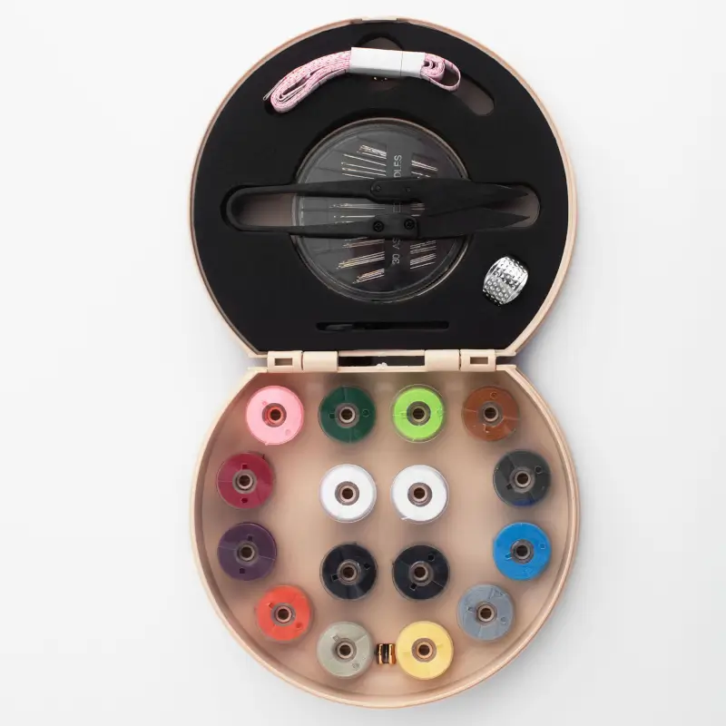 Sewing and needlework set, 13x10 cm, 21 items, in a case, polyurethane / metal, beige, Thread ,image-0