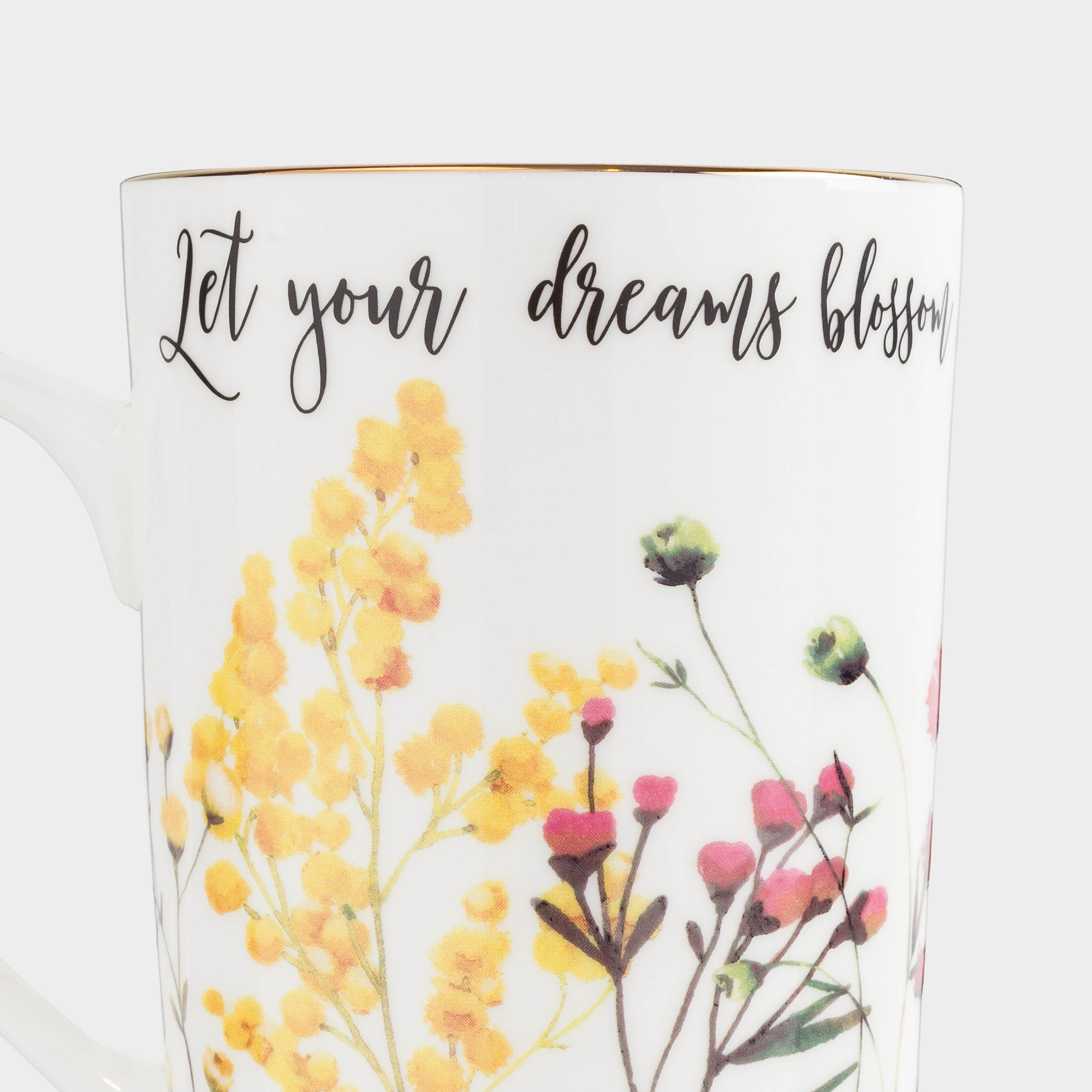 Mug, 450 ml, porcelain F, white, with golden edging, Flowers and mimosa, Flower garden, image-5