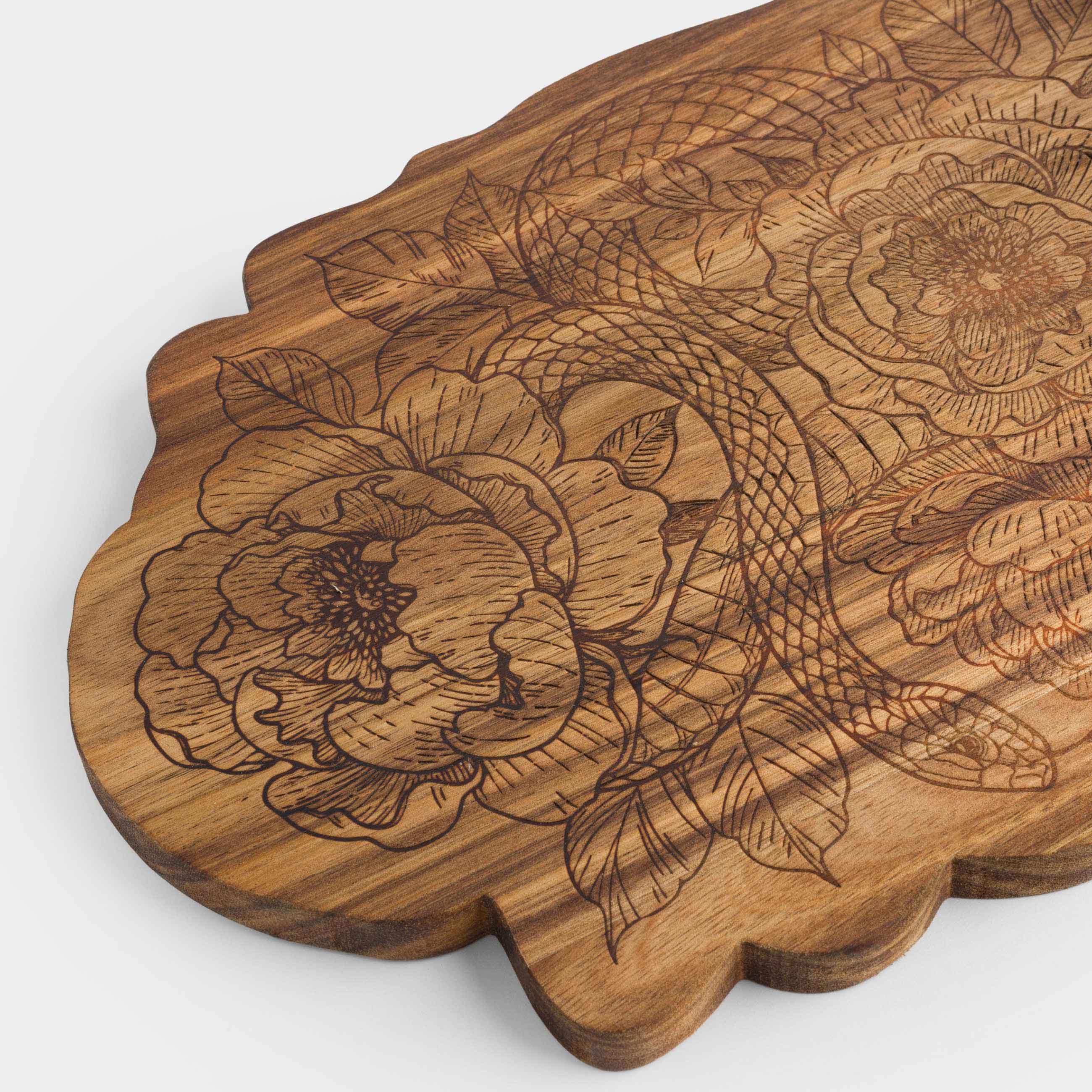Cheese set, 5 items, dish board/bowl, steel / ceramic / wood, Snake in flowers, Noble tree