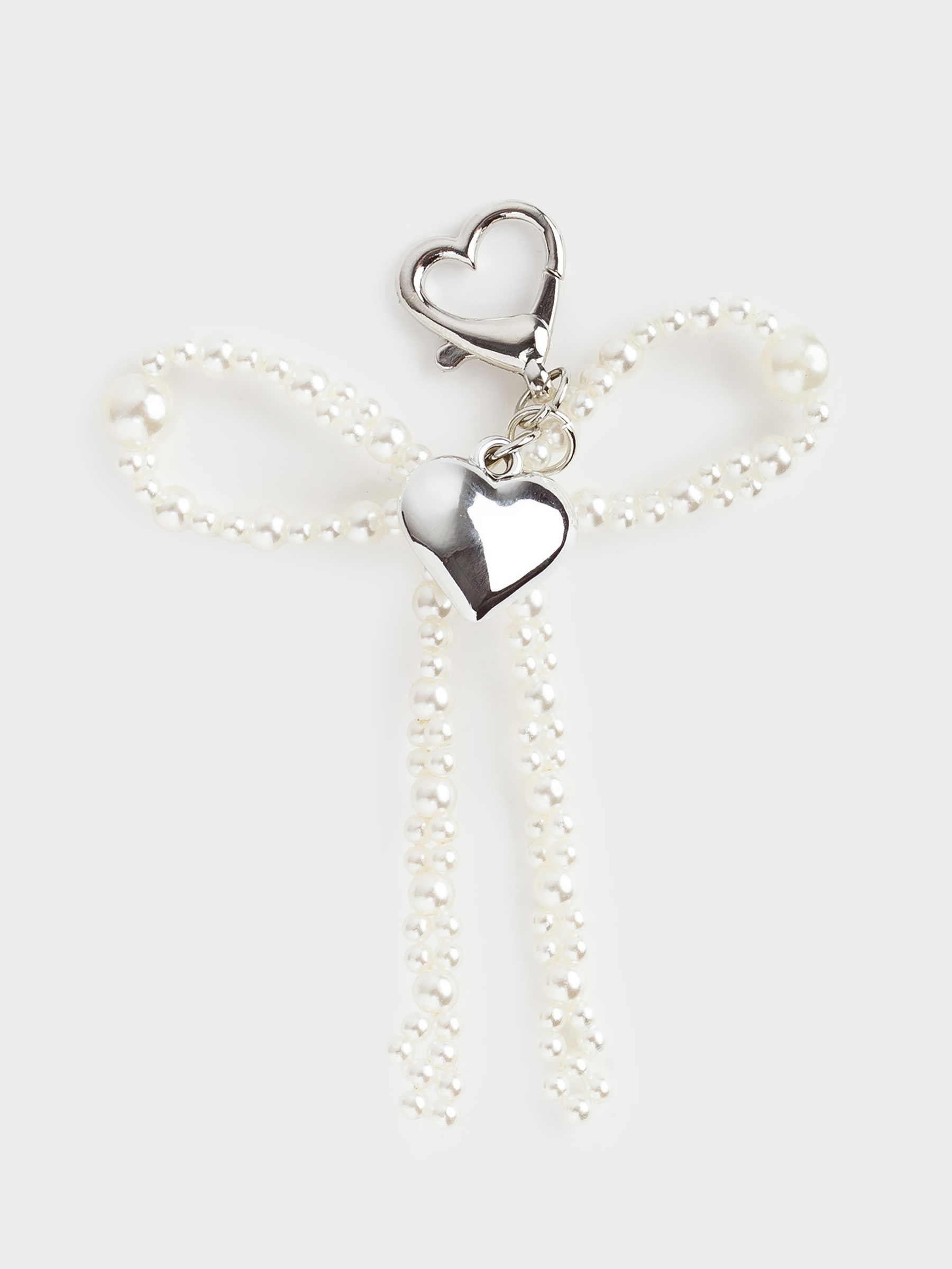 Keychain, 9 cm, acrylic / metal, Silver, Heart and beads, Pearl heart, image-0