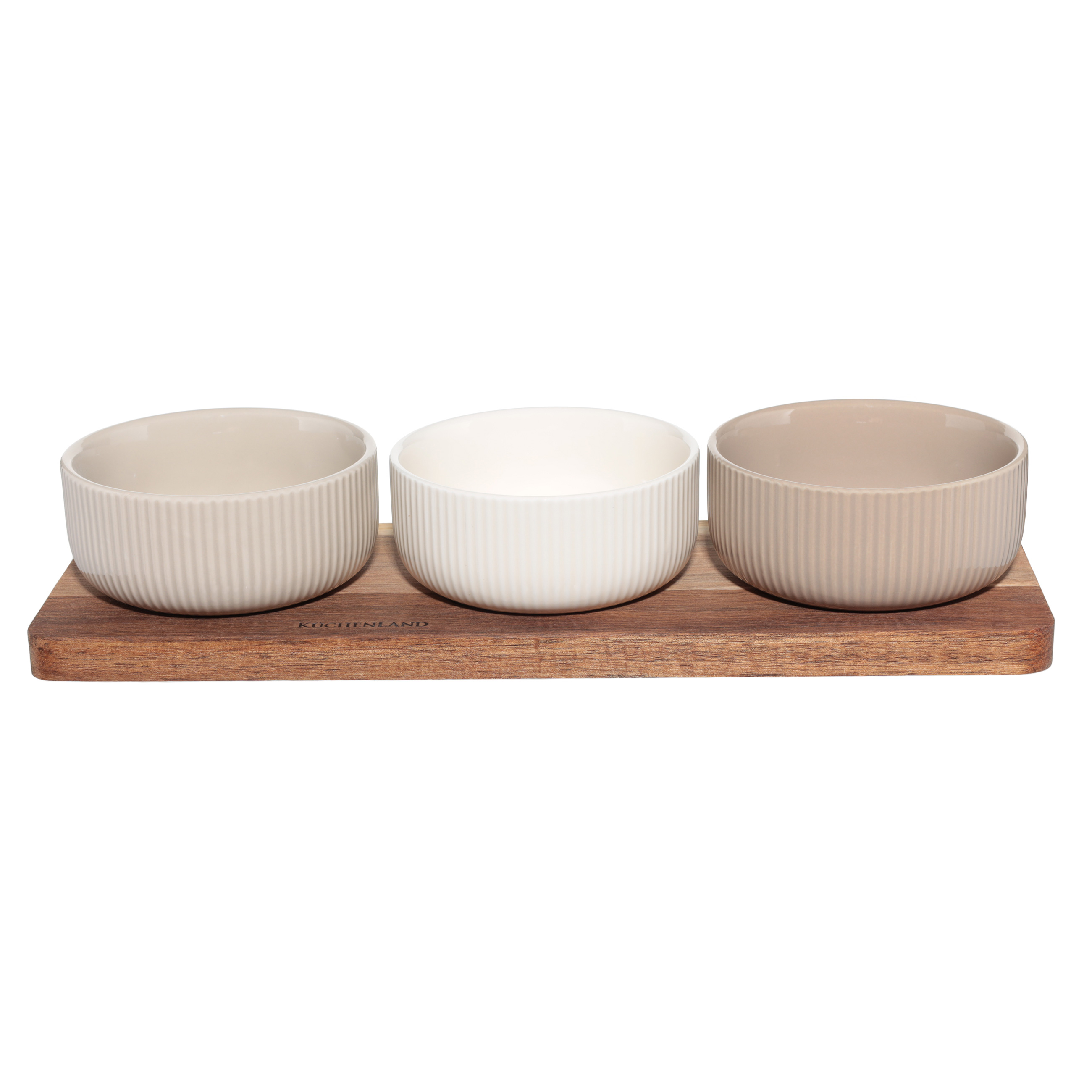 Snack set, 3 pcs, on a stand, ceramic / wood, mix, Ribbed bowls, Noble tree