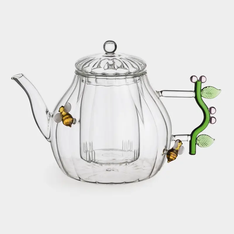 Teapot, 1 l, glass B, with green handle, Bees, Camellia shape ,image-0